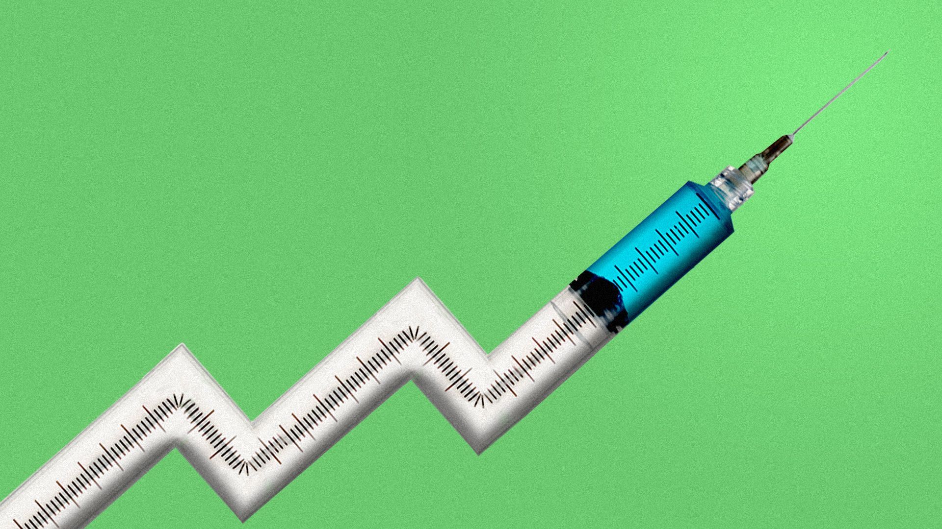 Illustration of a syringe moving up and to the right like an upward trending arrow. 
