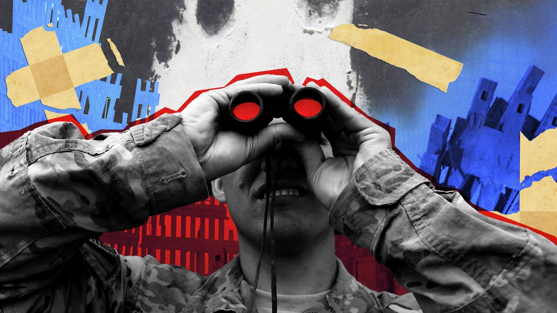 Photo illustration of an American soldier looking through binoculars with images of the destroyed Twin Towers in the background