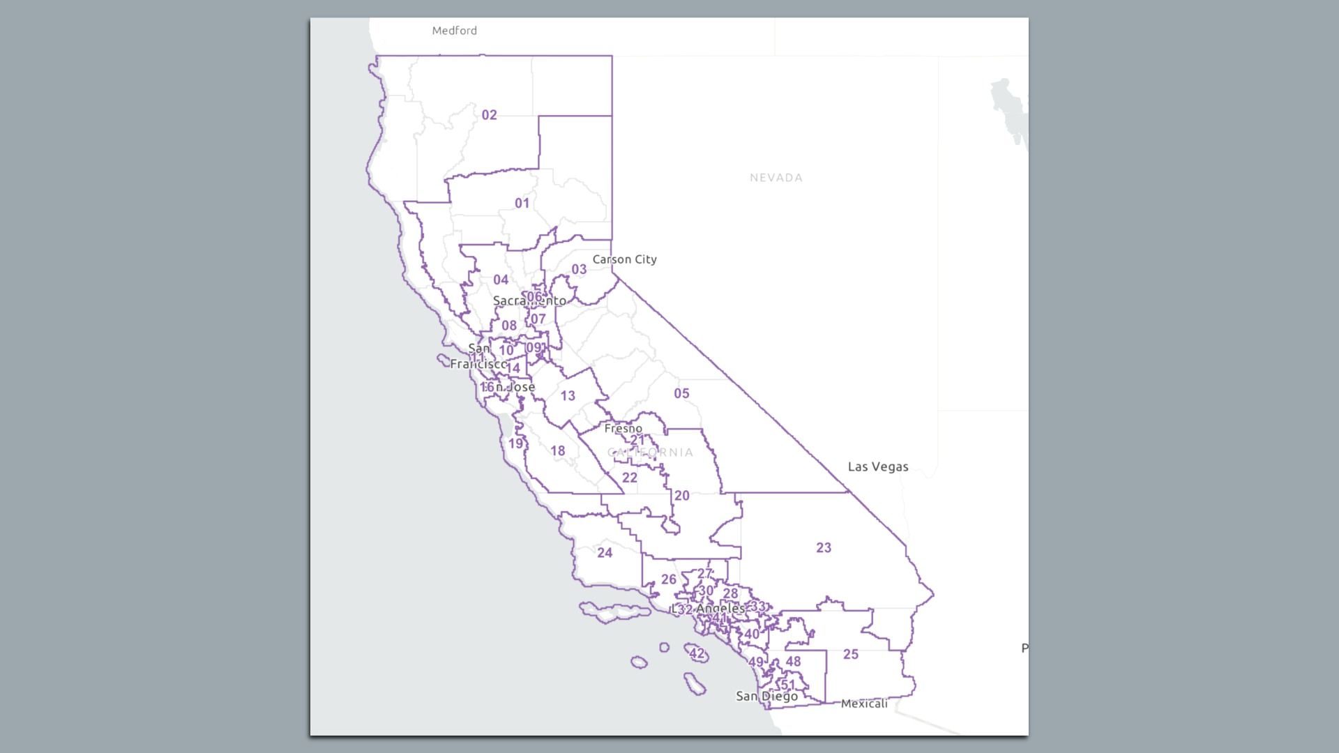 Map of California showing numbered congressional districts outlined in purple with major city names such as Sacramento, San Francisco, Los Angeles, San Diego, Fresno, and Medford marked.