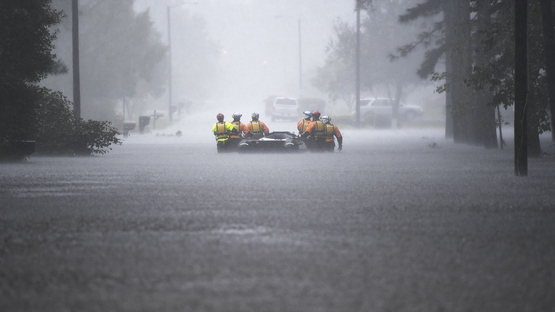 LUMBERTON, NC - SEPTEMBER 15: Members of Colorado Task Force 1, on the swift water team, head out to check on residents during Hurricane Florence on September 15, 2018 in Lumberton, North Carolina. 