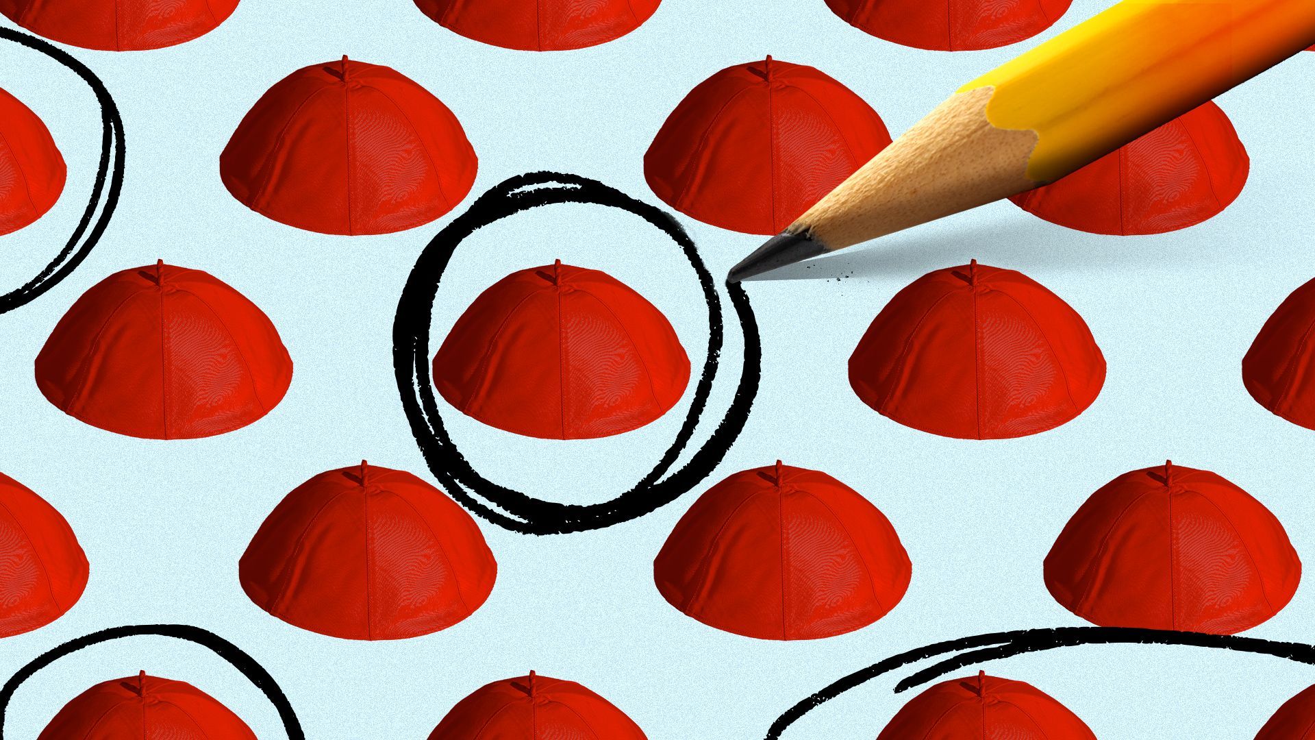 Illustration of a repeating pattern of red zucchettos with a pencil circling various ones.