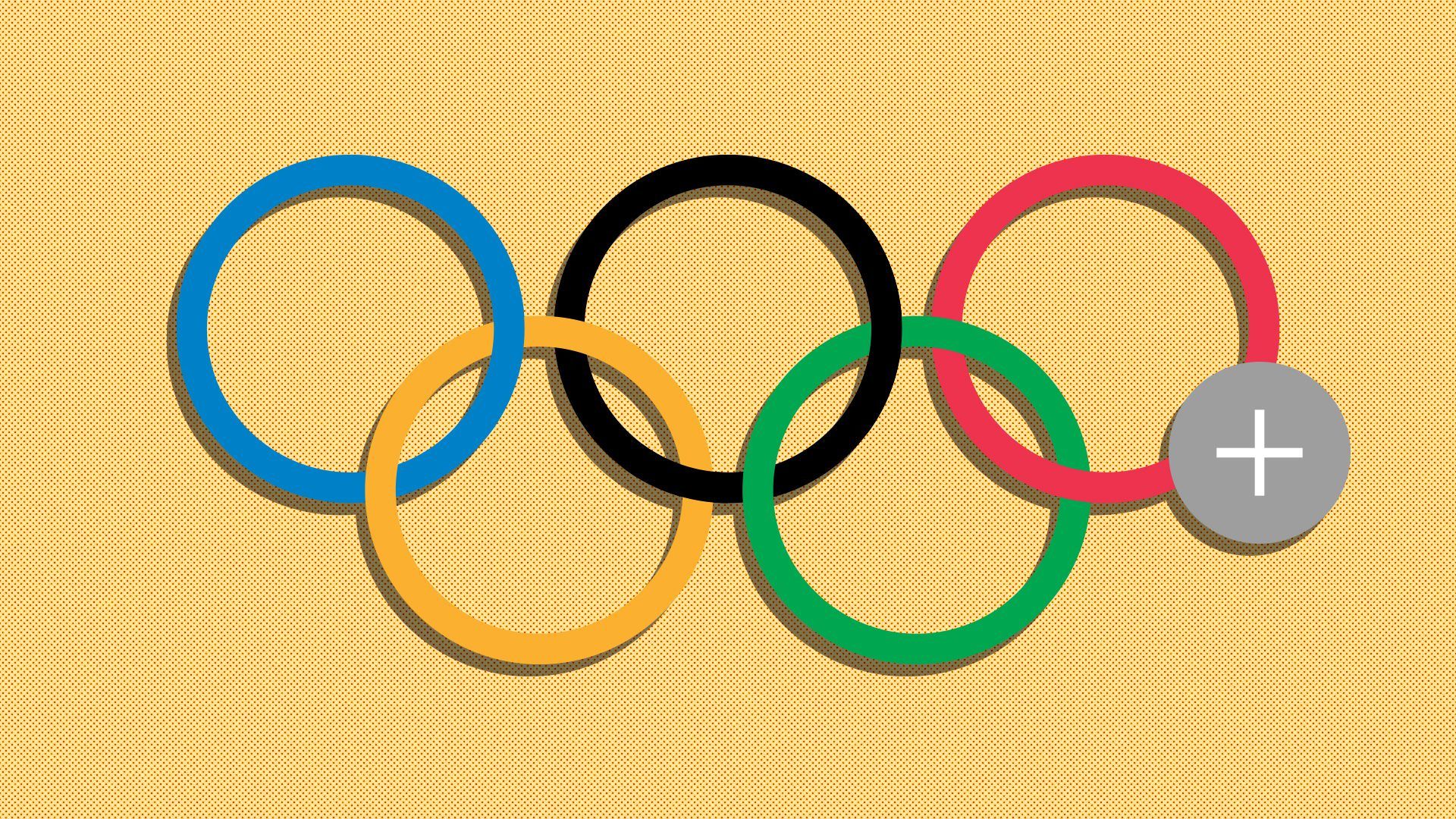 Illustration of the Olympic rings with a plus button. 