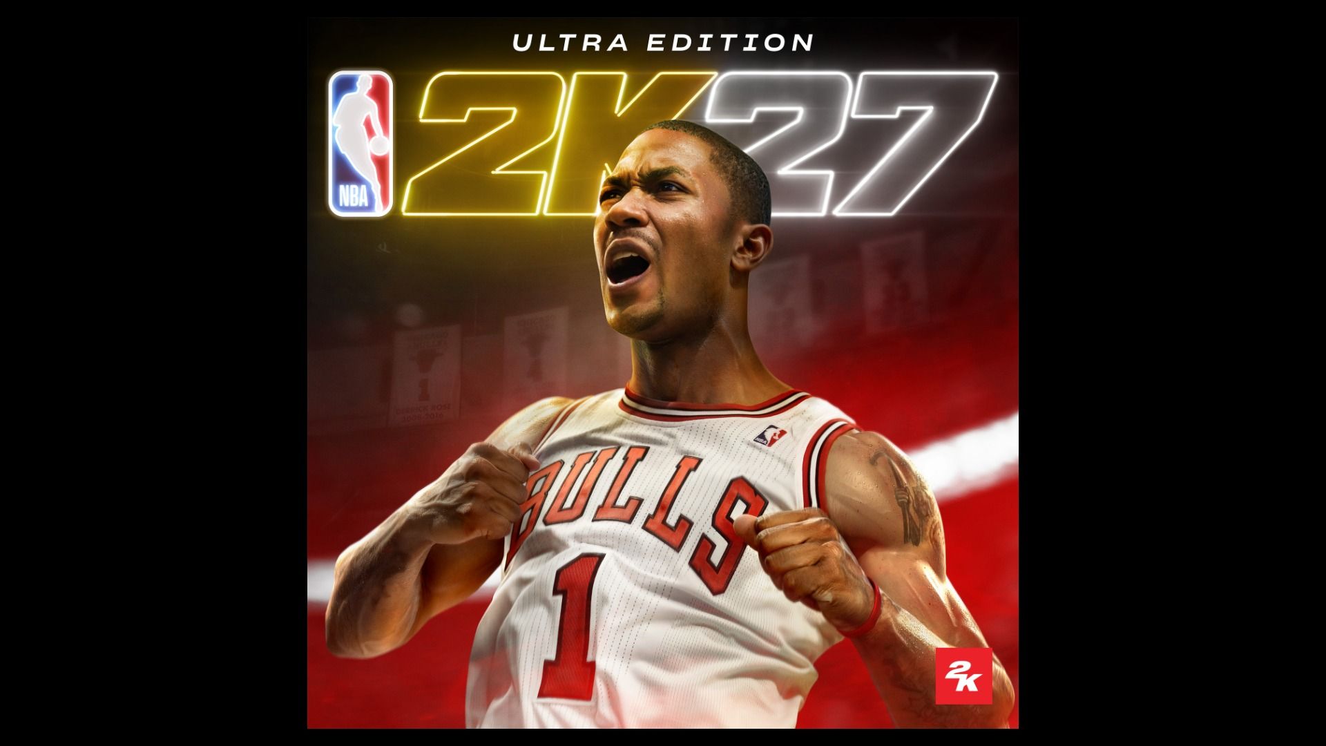 A basketball player in a white Chicago Bulls jersey with red trim, fists raised, against a red smoky background, neon 2K27 with an NBA logo, and Ultra Edition text at the top.