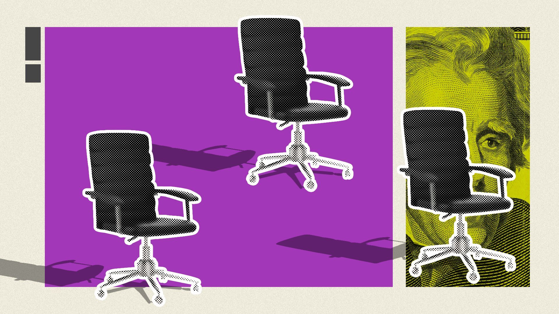 Illustration of office chairs and a twenty dollar bill. 