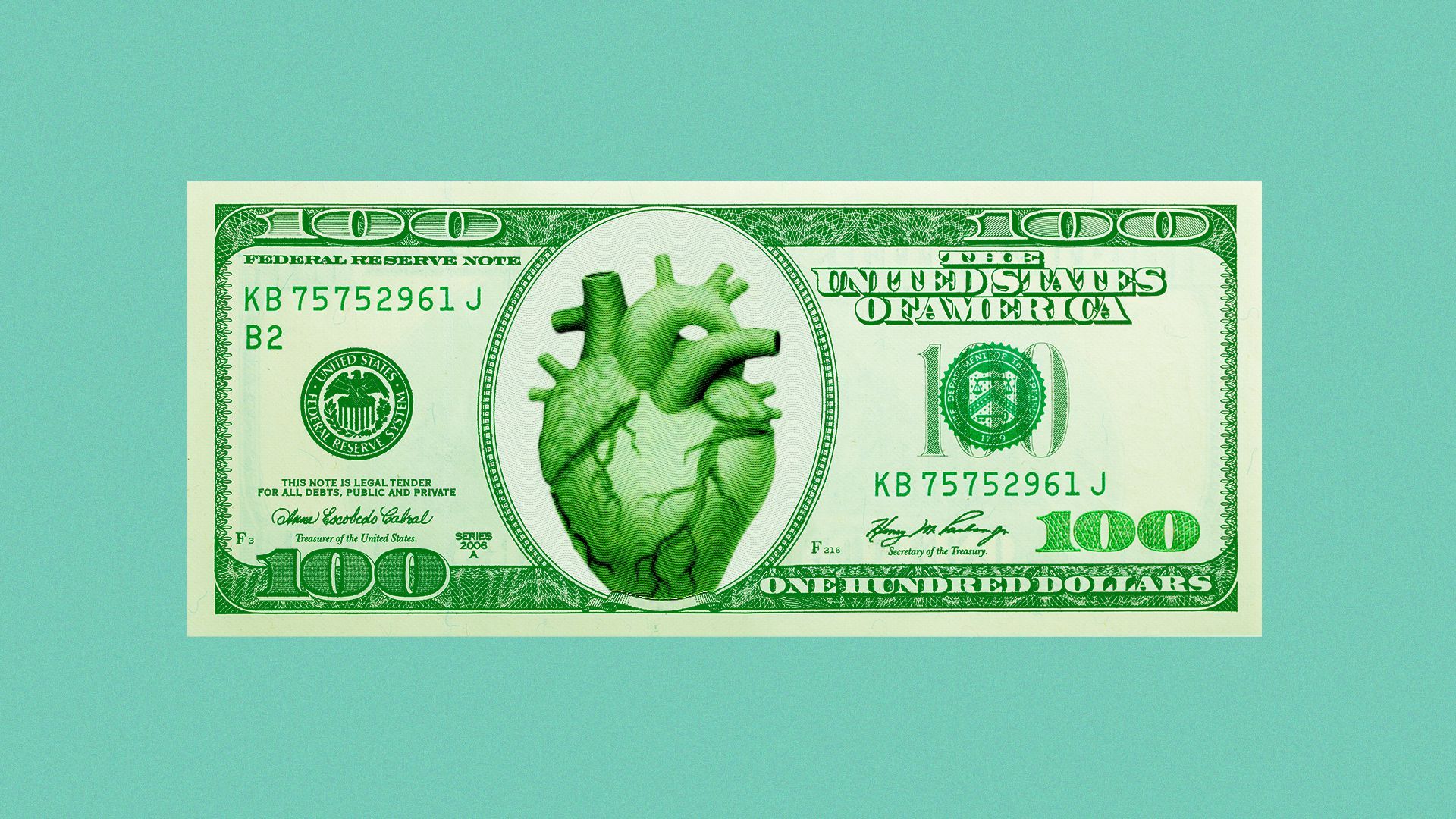 Illustration of a one-hundred-dollar bill with a portrait of a heart.