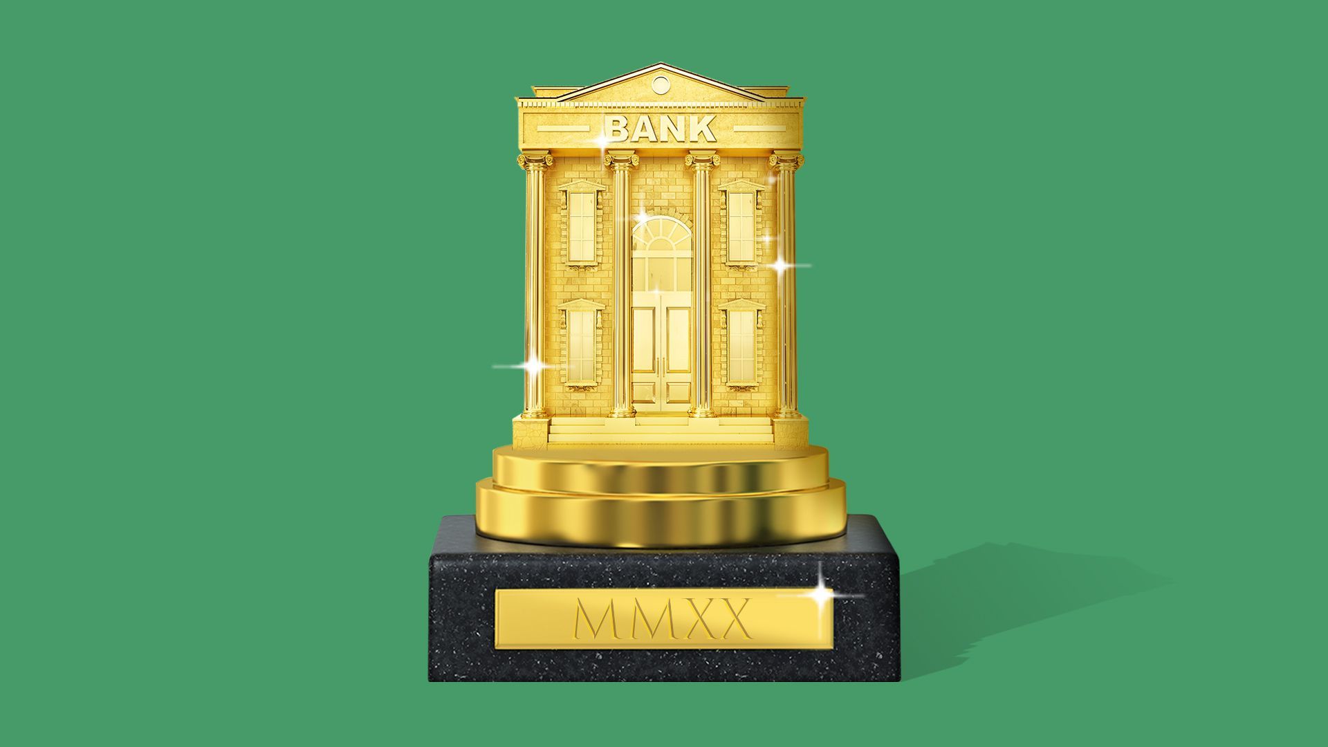 Illustration of a bank building as a glittering golden trophy.  