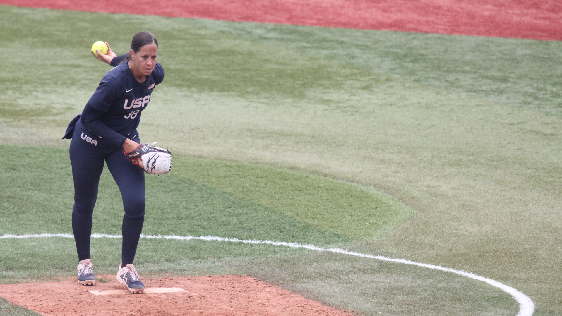Team USA pitcher Cat Osterman, facing Team Japan at the 2020 Tokyo Olympics.