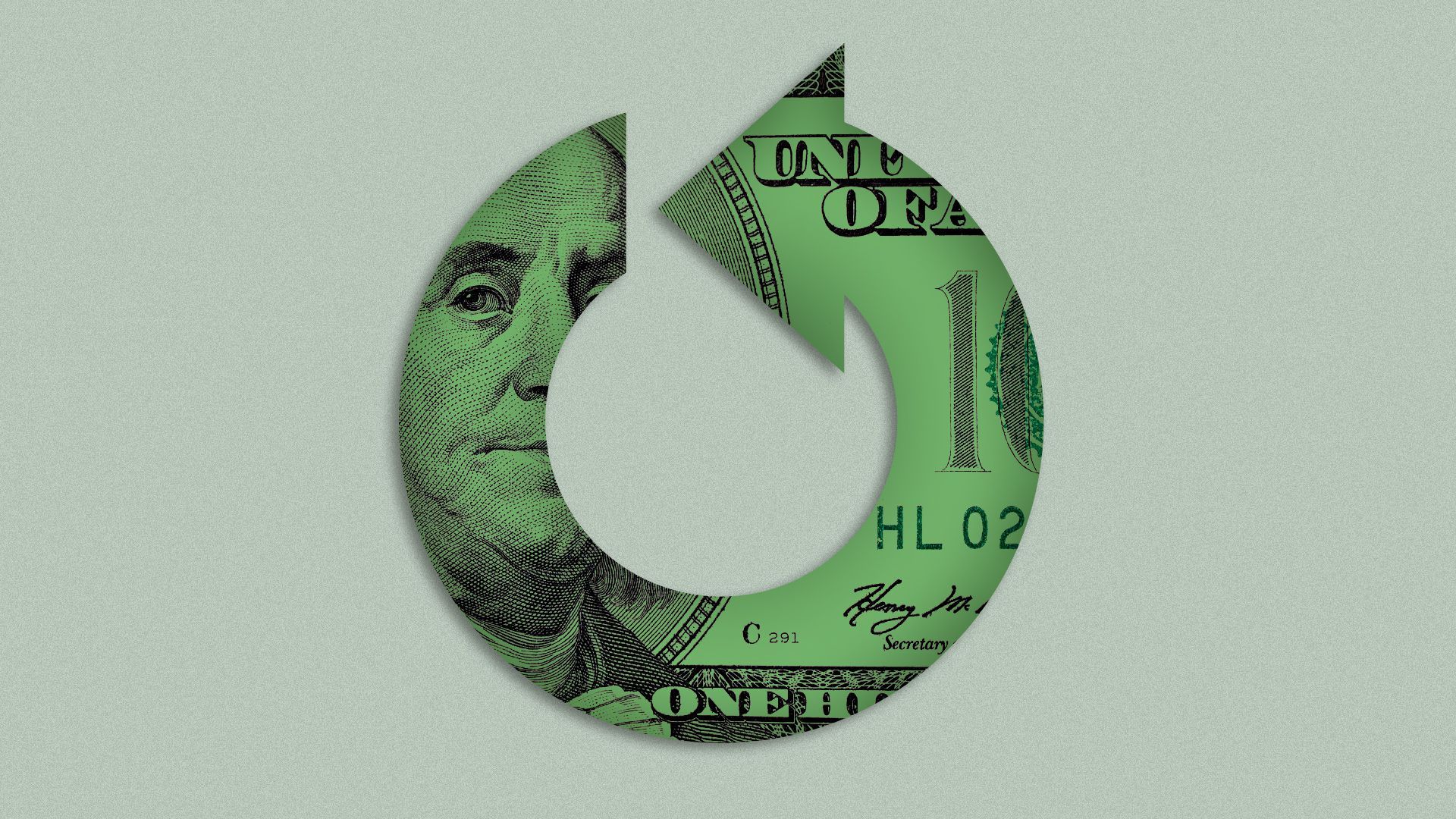 Illustration of a reverse symbol icon made from a money pattern.