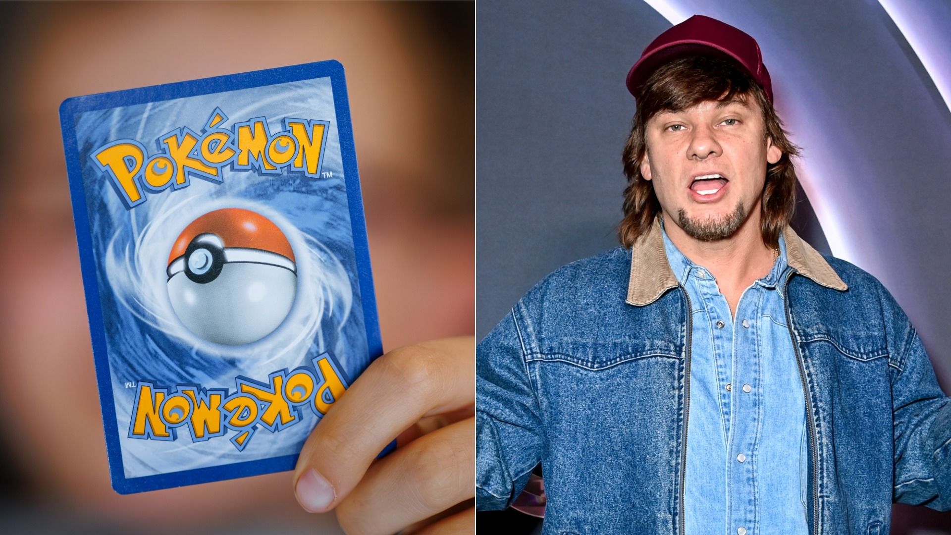 A split screen image shows one person holding a Pokémon card on the left and a photograph of popular podcast host Theo Von wearing a red hat and jean jacket on the right. 