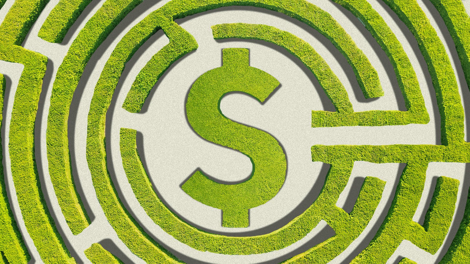 Illustration of a hedge maze with a "$" in the center.