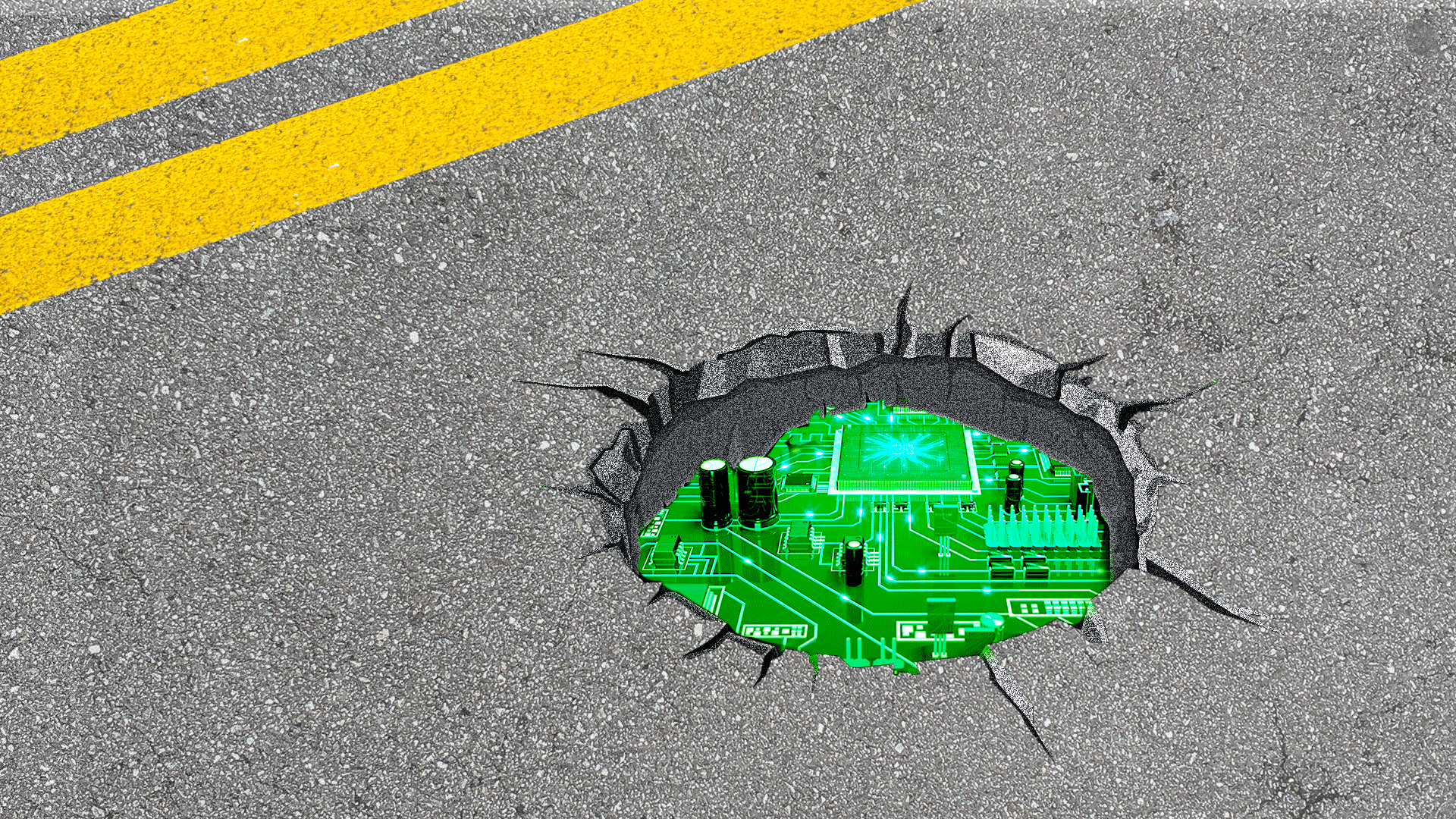 Illustration of a pothole with a circuit board peeking through. 