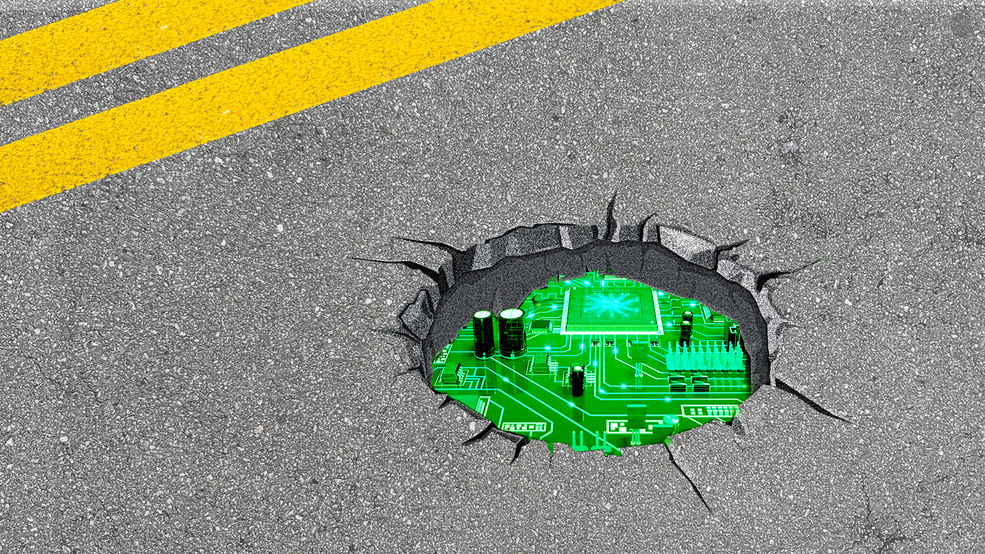 Illustration of a pothole with a circuit board peeking through.