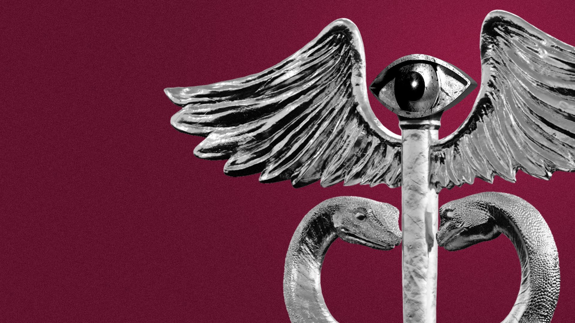 Illustration of a caduceus with an eye at the top instead of a sphere.