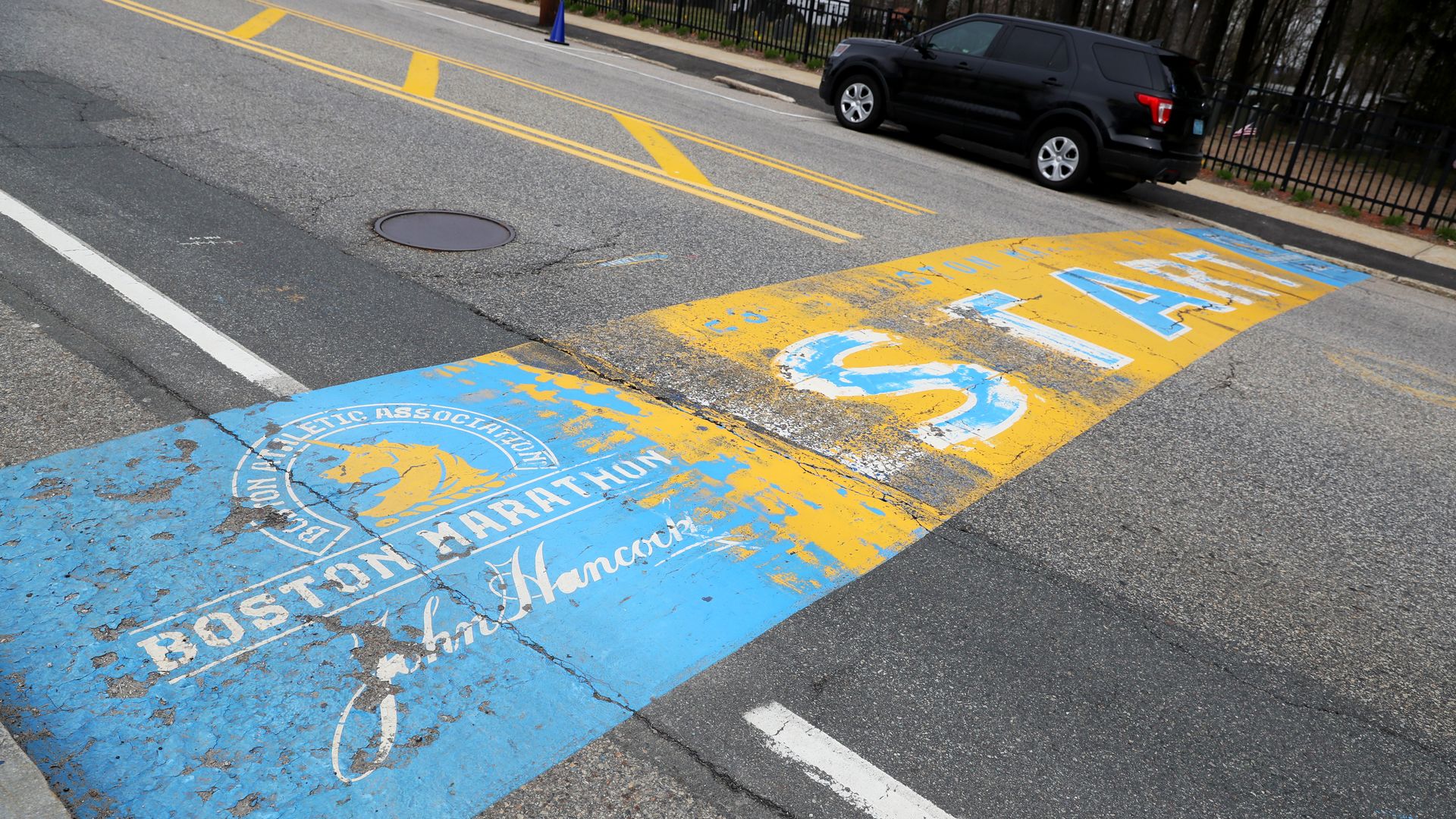 A view of the Boston Marathon starting line on April 20, 2020 in Hopkinton, Massachusetts.