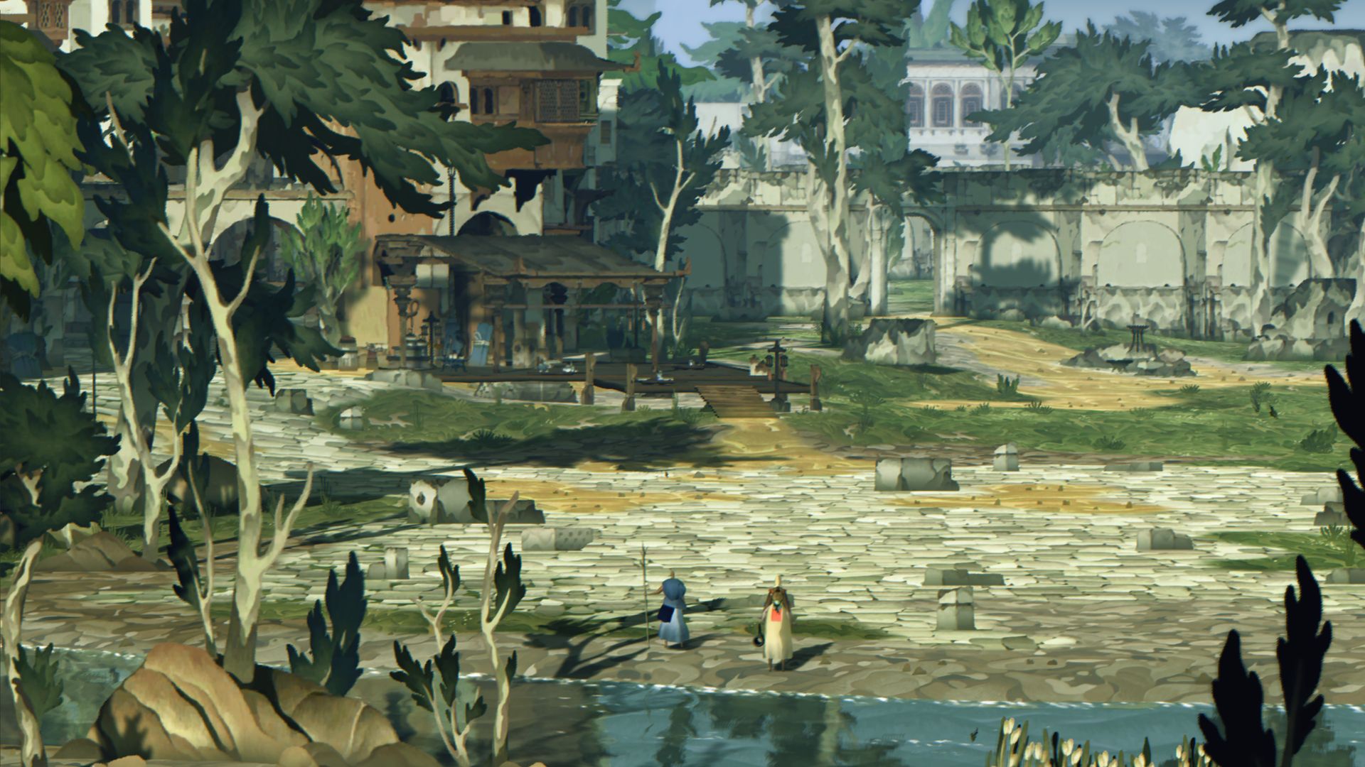 Video game screenshot showing people milling about near the water on the outskirts of a city. 