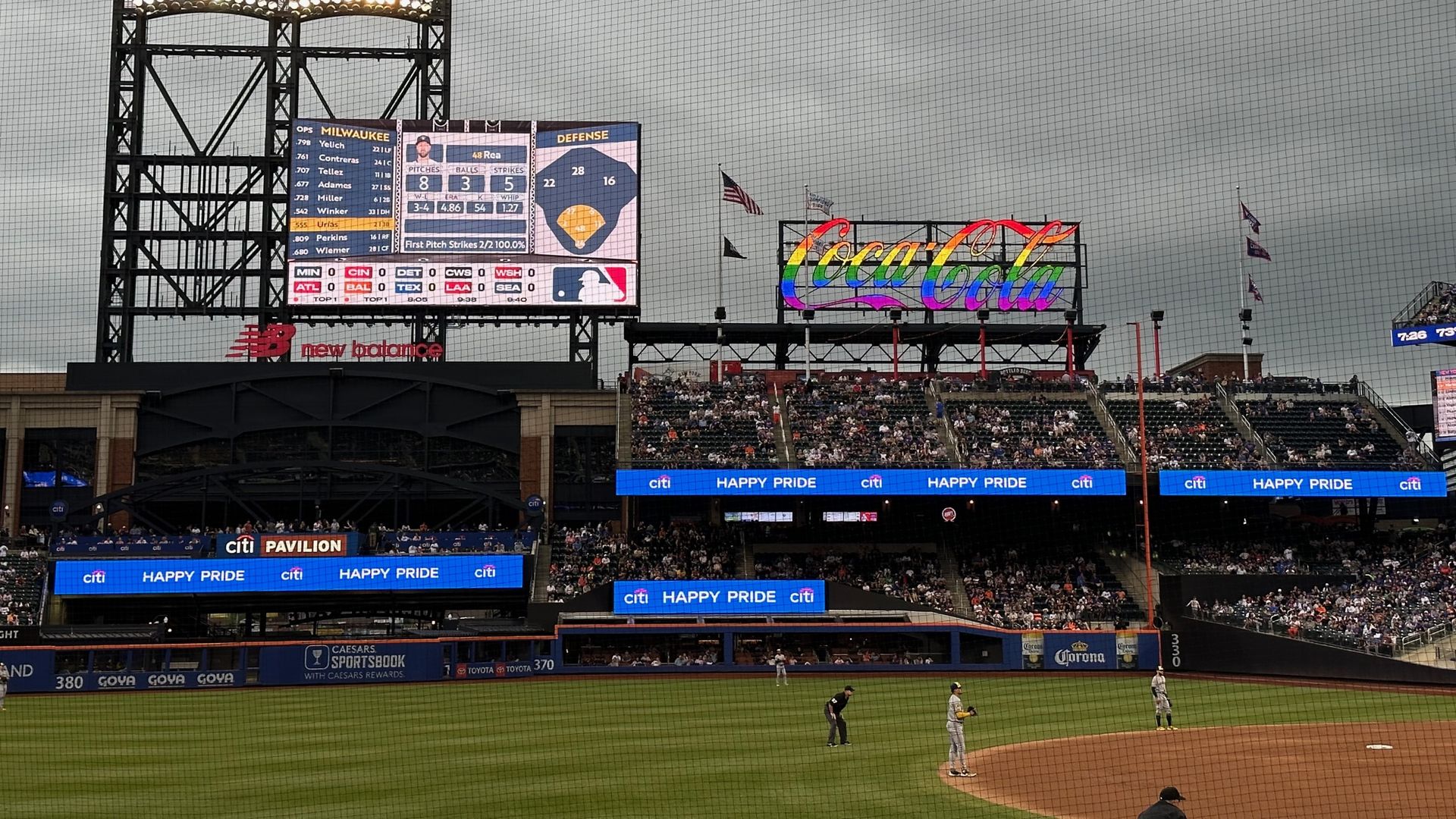 Rainbow-themed signs at a baseball field in Queens New York to commemorate Pride Month.