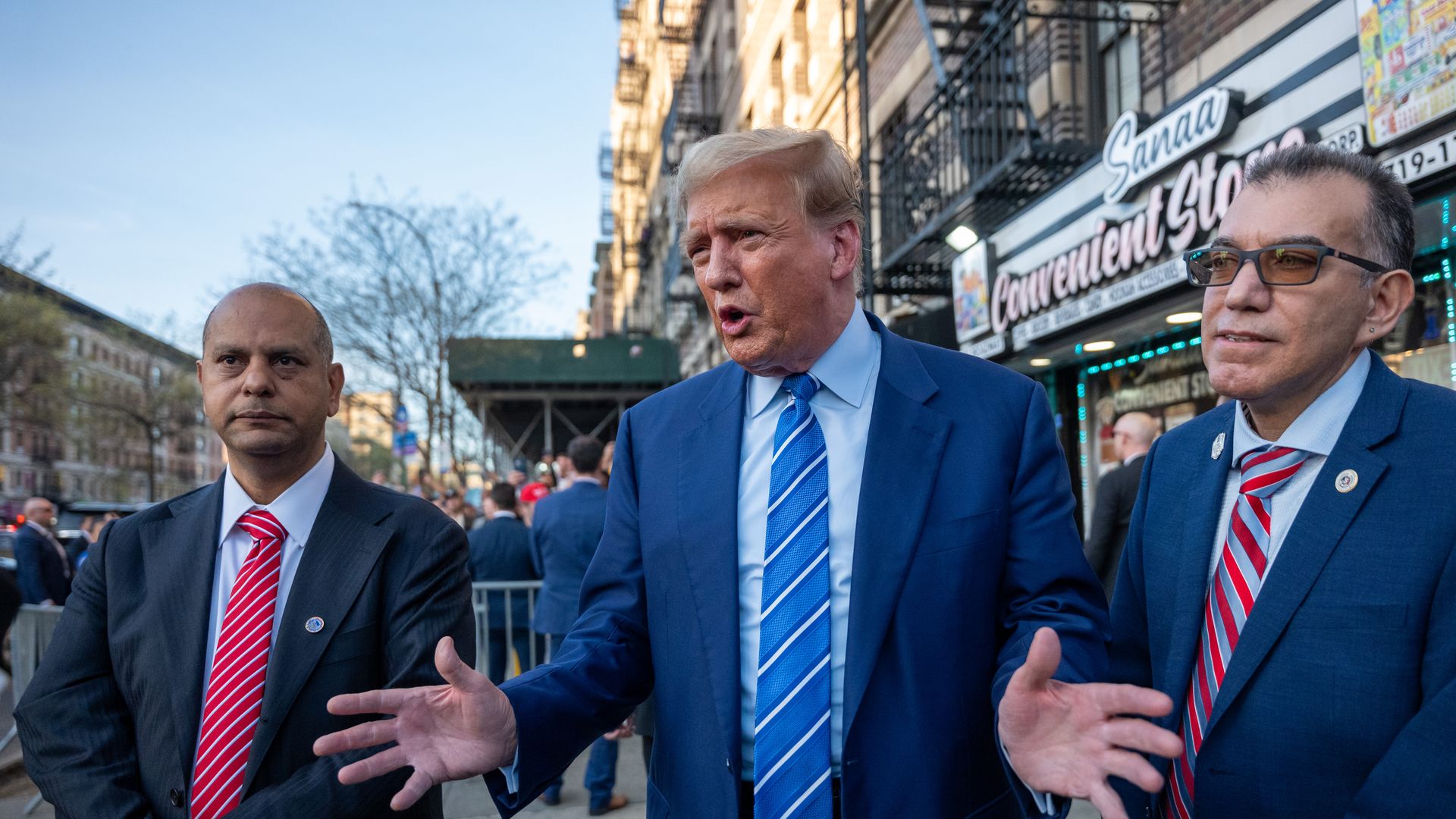 Former president Donald Trump speaks to the media as he visits a bodega store in upper Manhattan where a worker was assaulted by a man in 2022 and ended up killing him in an ensuing fight on April 16, 2024 in New York City. The worker, Jose Alba, was arrested before the Manhattan District Attorney