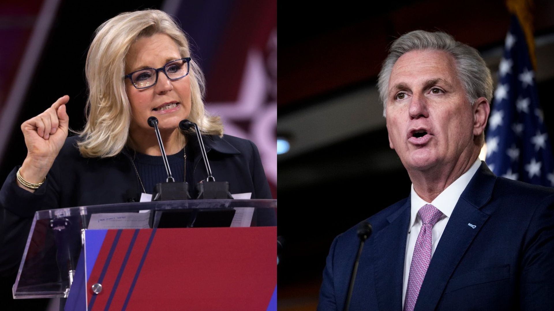 Rep Liz Cheney and Kevin Mccarthy in a split photo.
