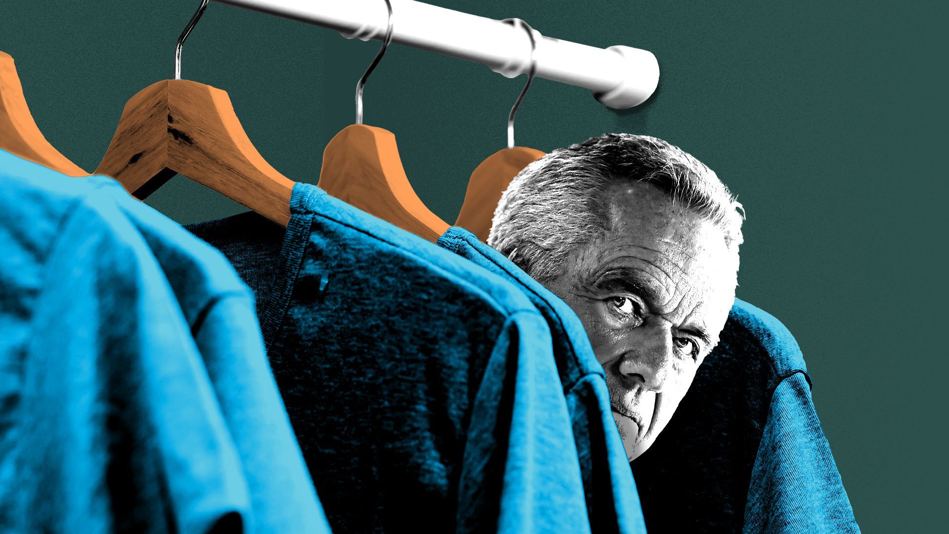 Photo illustration of Robert F. Kennedy Jr. peeking out from behind a rack of blue t-shirts. 