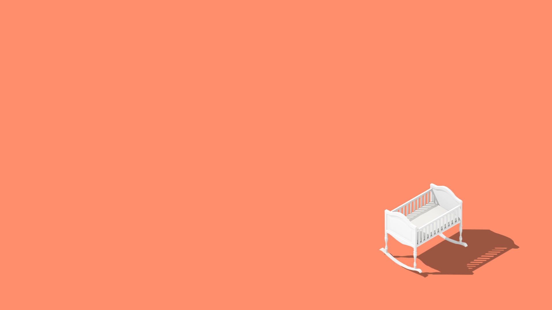 Illustration of an empty white baby cradle against peach background.