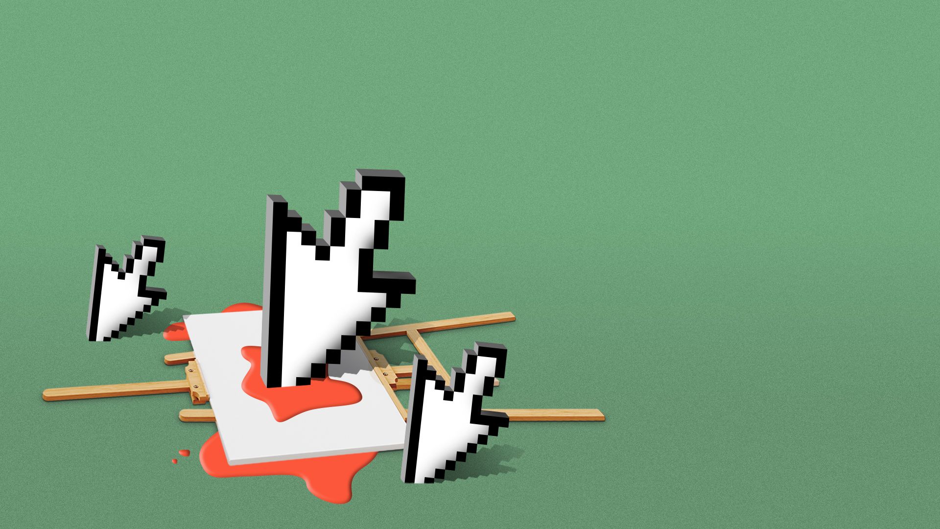 Illustration of cursors that have knocked over an easel with paint all over the ground. 