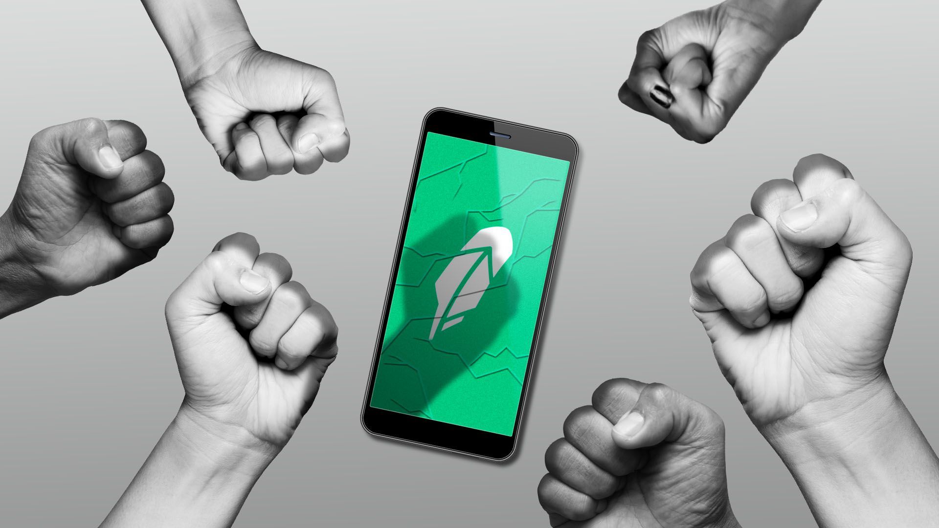 Illustration of a cracked cellphone screen featuring the Robinhood app, surrounded by angry fists