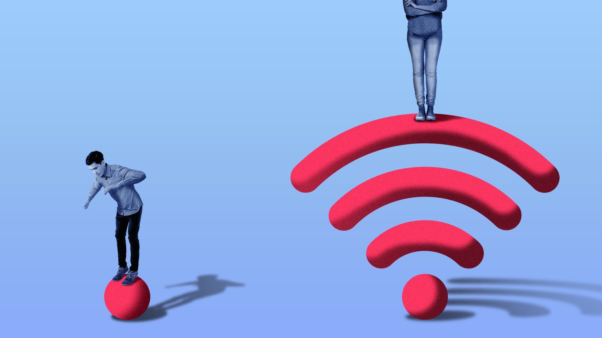 Illustration of a person standing on top of a strong wifi signal, while another tried to balance on a weak one