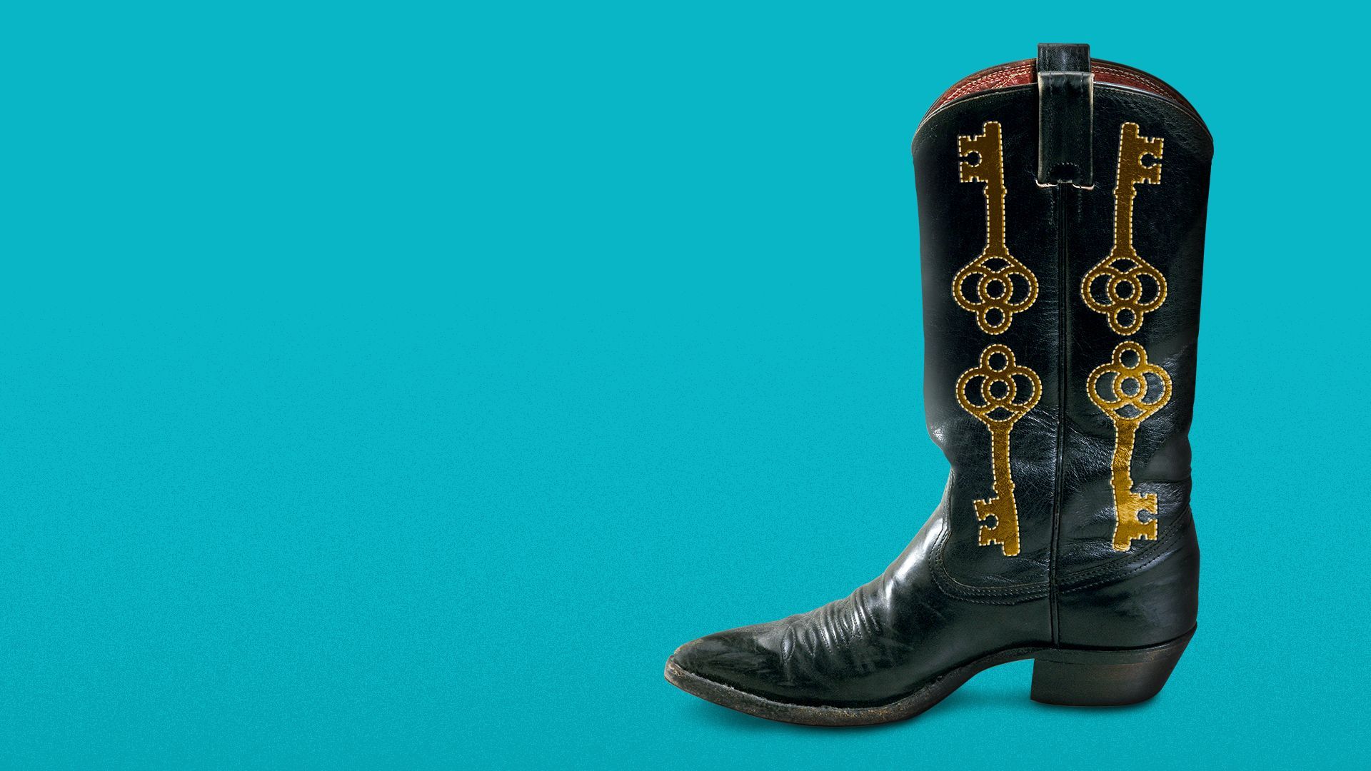 Illustration of a cowboy boot with keys embroidered on it.