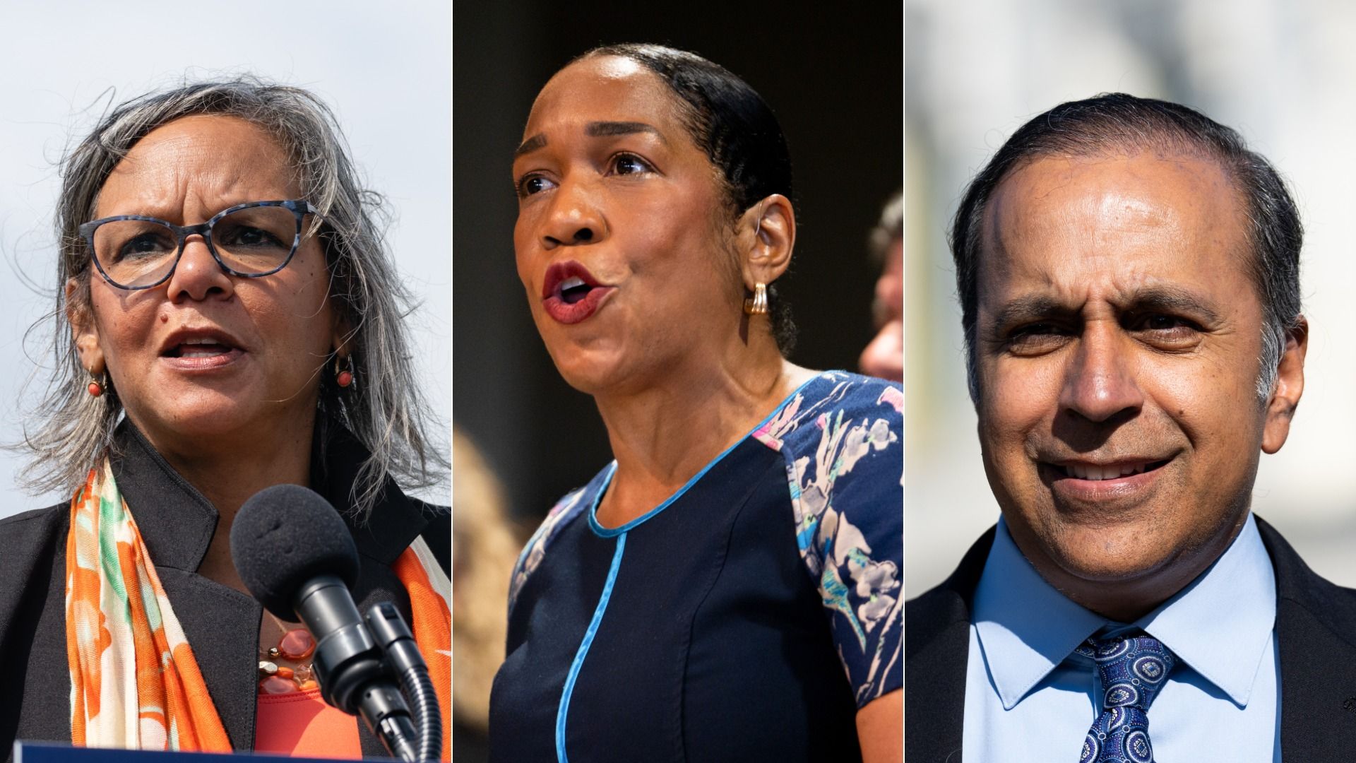 Three diverse individuals in close-up portraits. Left: woman with gray hair, glasses, black coat, and orange scarf speaking at microphone. Center: woman with short black hair, blue floral dress speaking. Right: man with black hair, blue shirt, patterned tie, smiling outdoors.