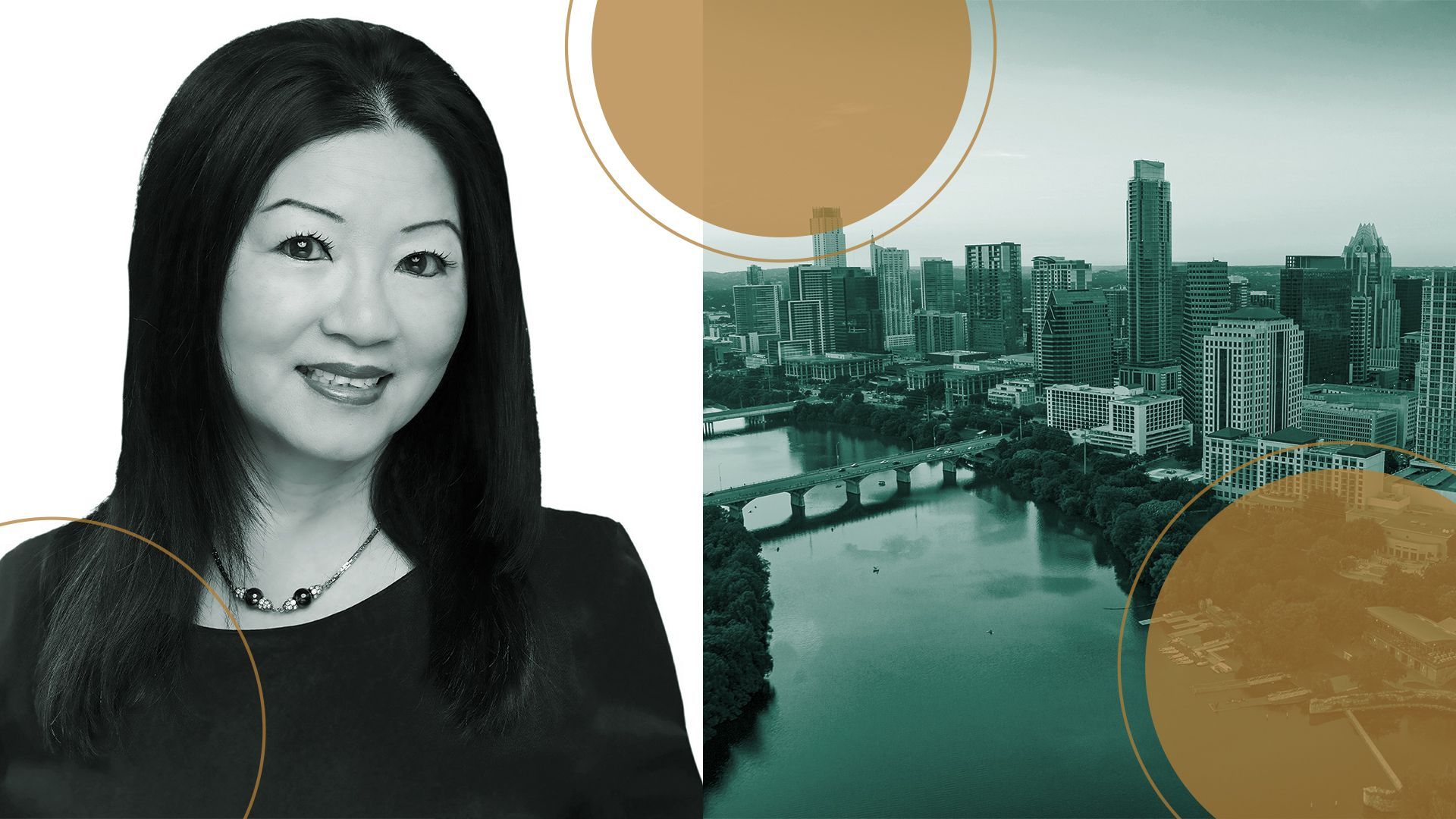 Photo illustration of Rosalia Chiu with the city of Austin and circles in the background.