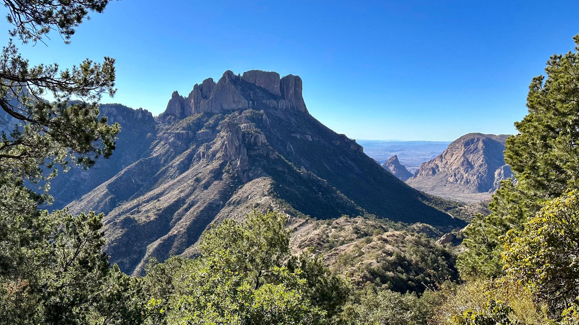 The Chisos Basin of Big Bend National Park is seen with a small mountain surrounded by green trees and a blue sky in the background.