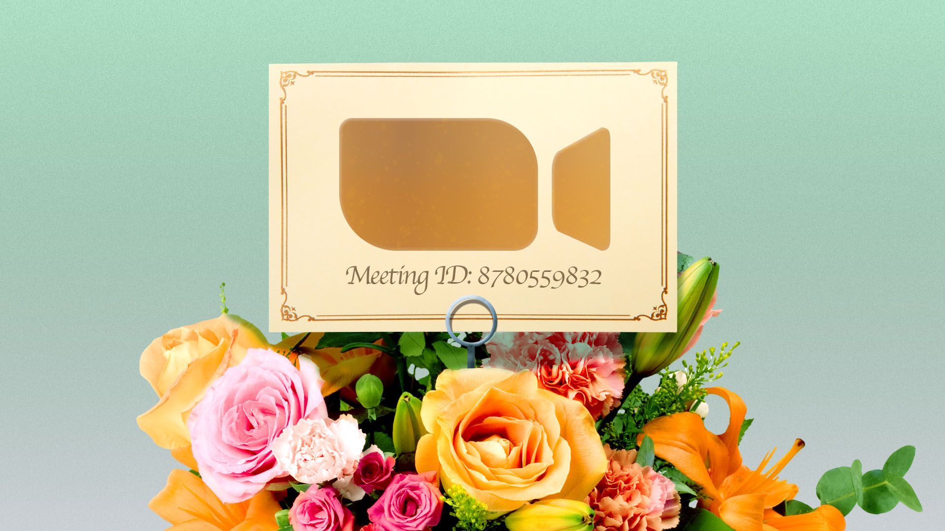 Illustration of a wedding table centerpiece with a zoom icon and meeting ID