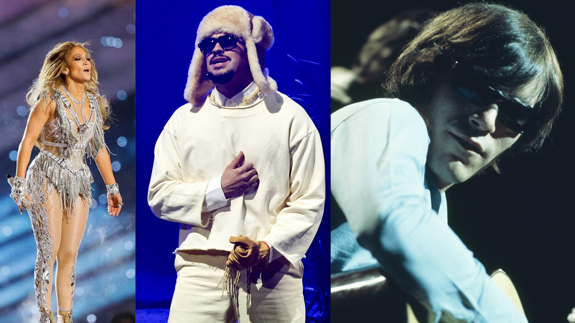 Shakira and Jennifer López on stage, Bad Bunny performing San Juan, Puerto Rico in 2025, and Jose Feliciano wearing sunglasses in 1968.