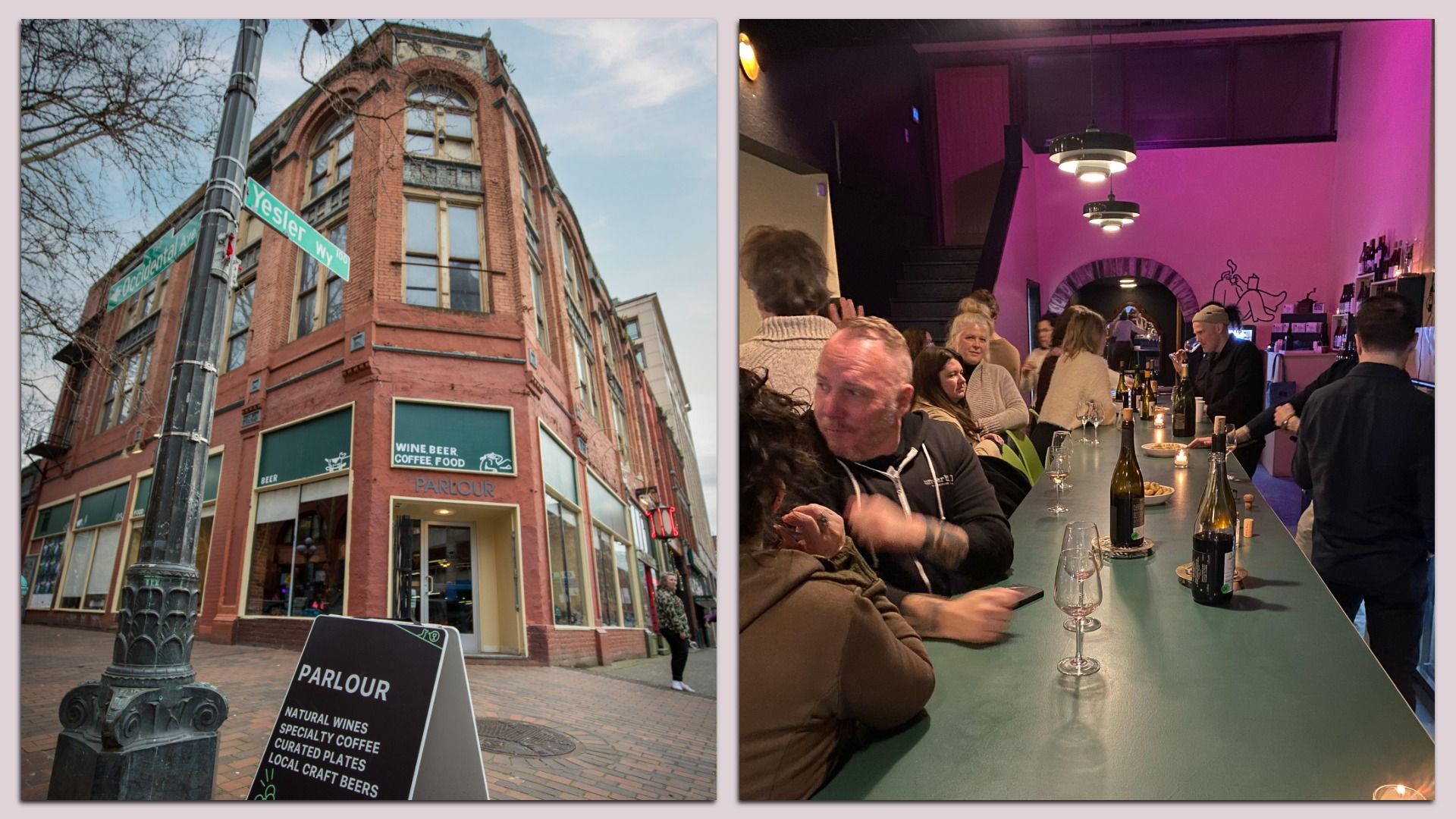 Side-by-side images of a corner brick building with green signs for Parlour serving wine, beer, coffee, and food, and people socializing and drinking inside a bar with pink lighting.