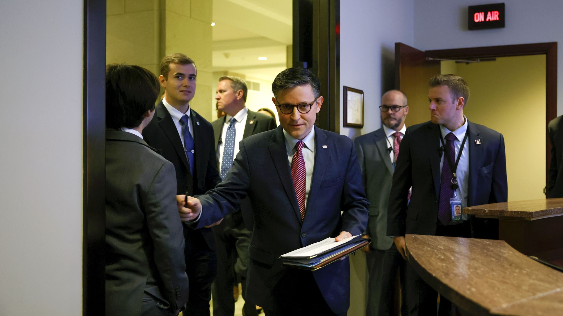 U.S. Speaker of the House Mike Johnson (R-LA) arrives to a news conference after a House Republican Conference meeting at the U.S. Capitol on November 2, 2023 in Washington, DC. House Republicans held a conference meeting to discuss the party agenda. (Photo by Anna Moneymaker/Getty Images)
