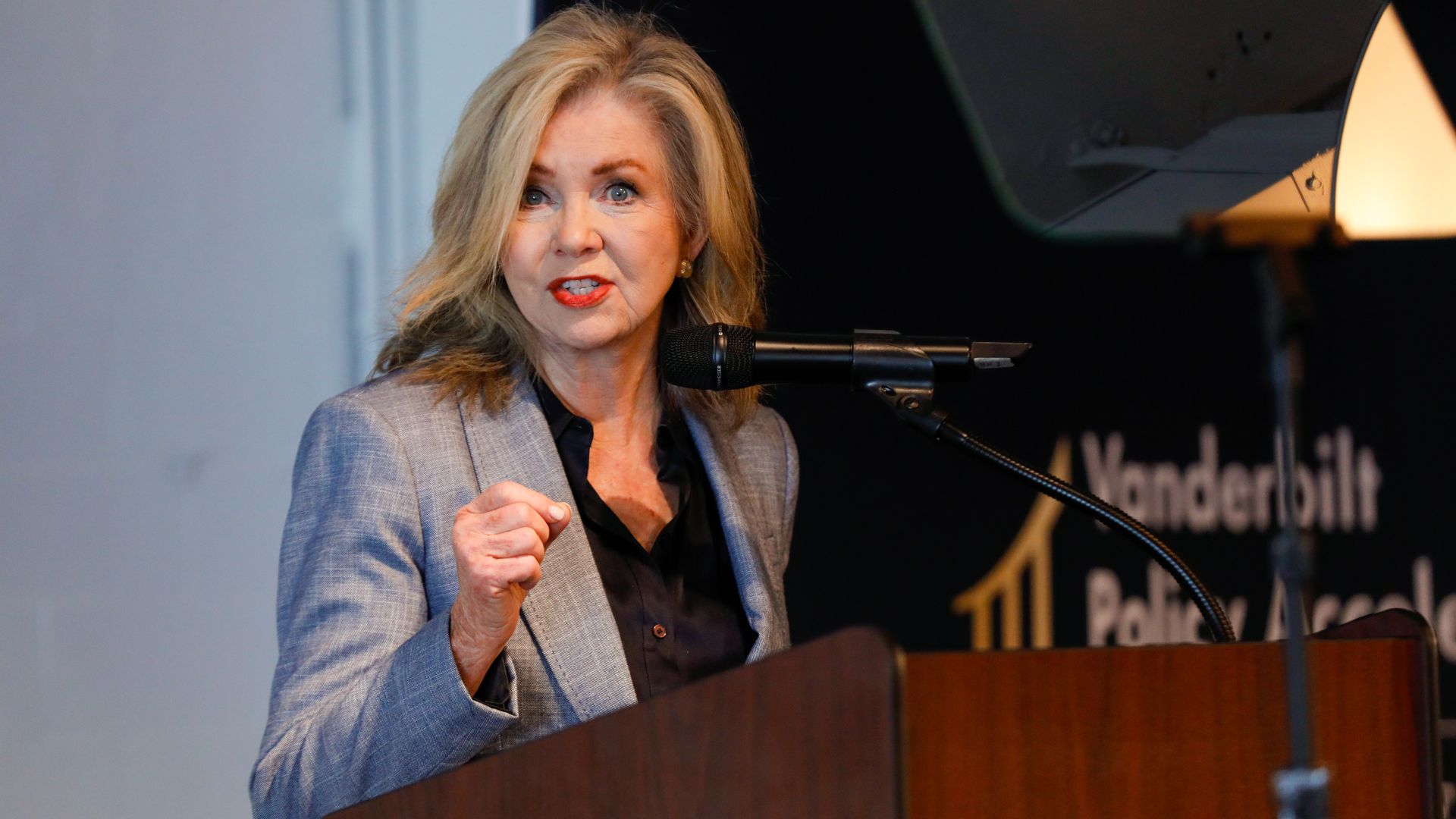 Marsha Blackburn speaks at a podium.