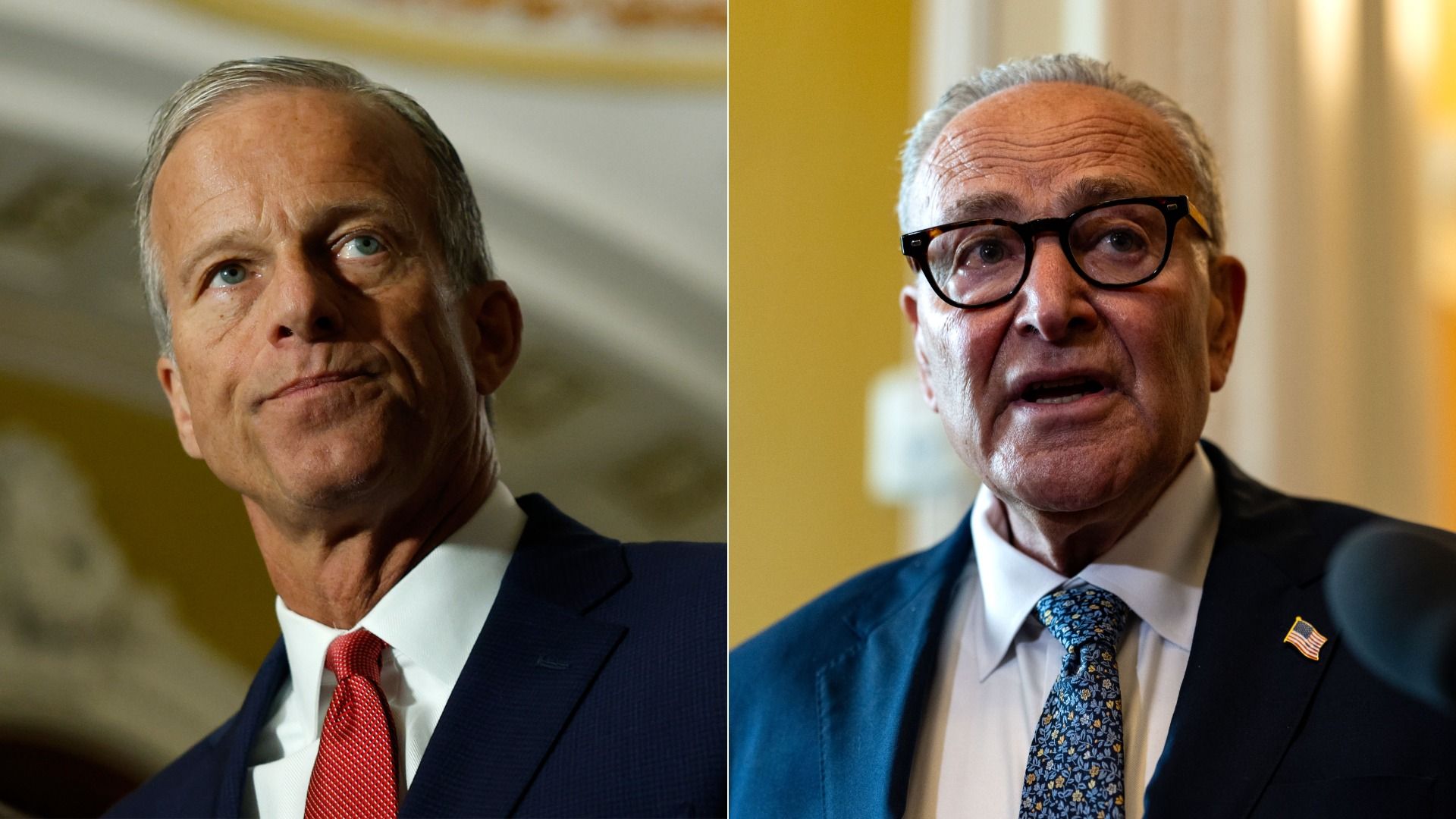Split image with Senate Majority Leader John Thune (R-SD) on the left and Minority Leader Chuck Schumer (D-NY) on the right. 