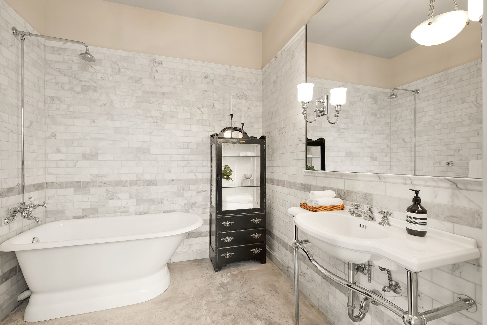 A bathroom with a soaking tub.