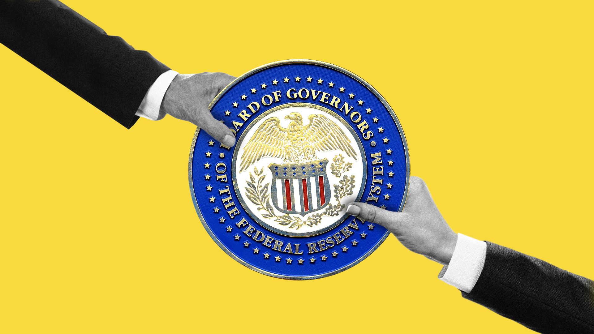 Illustration of two hands pulling The Fed logo in opposing directions.  