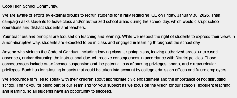 A screenshot of a message written by a school district warning students against participating in anti-ICE protests
