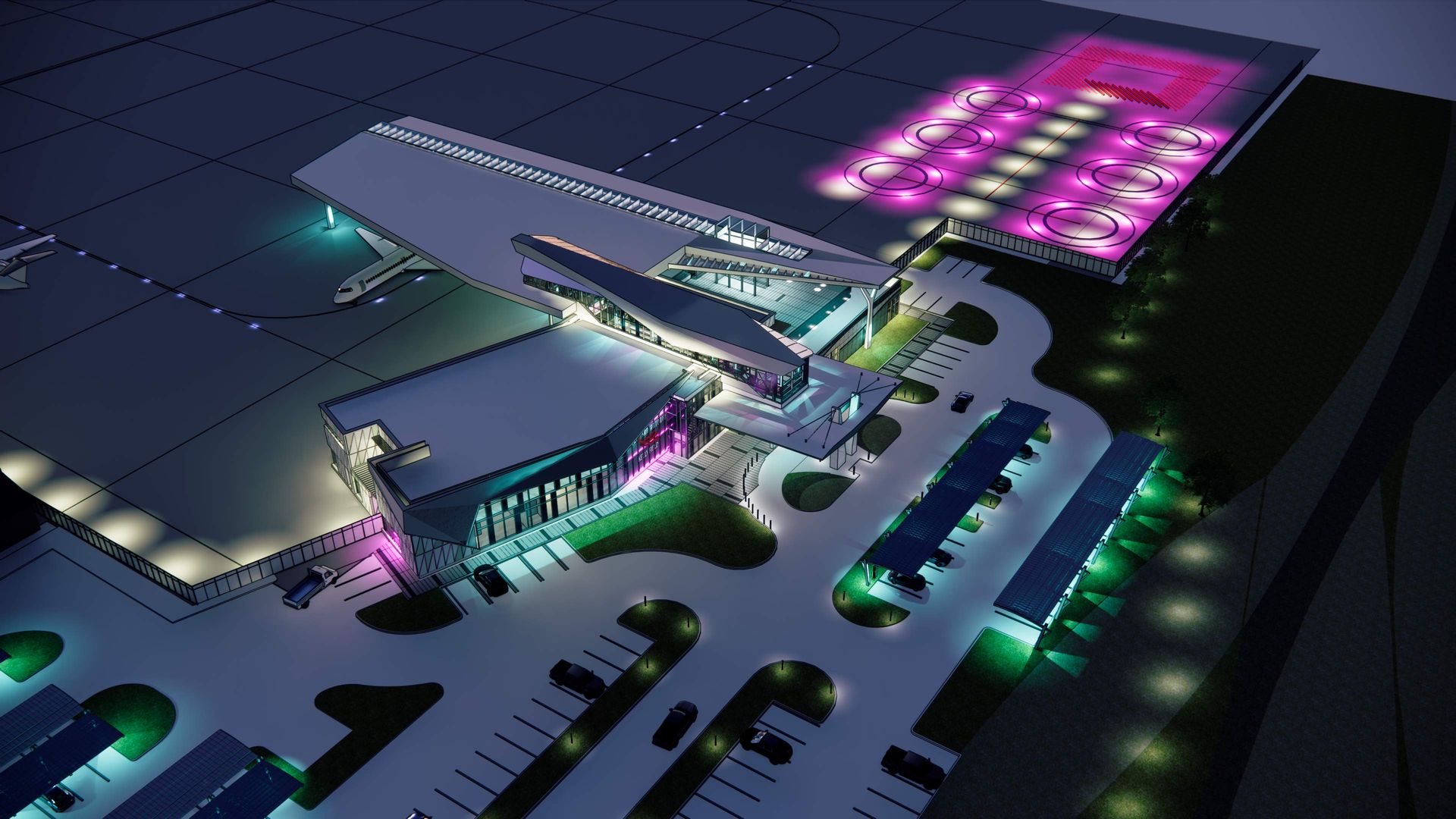 Night aerial view of a futuristic vertiport, with angular glass buildings linked by elevated walkways, neon pink and teal lights, circular rooftop rings, a plane on the tarmac, and cars parked.