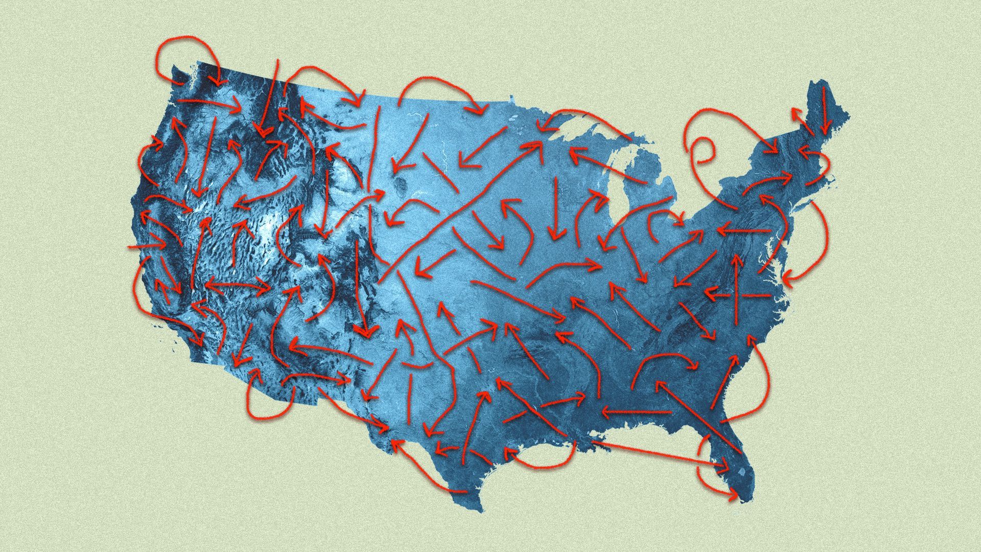 An illustration of a US map with arrows in many directions around the map.