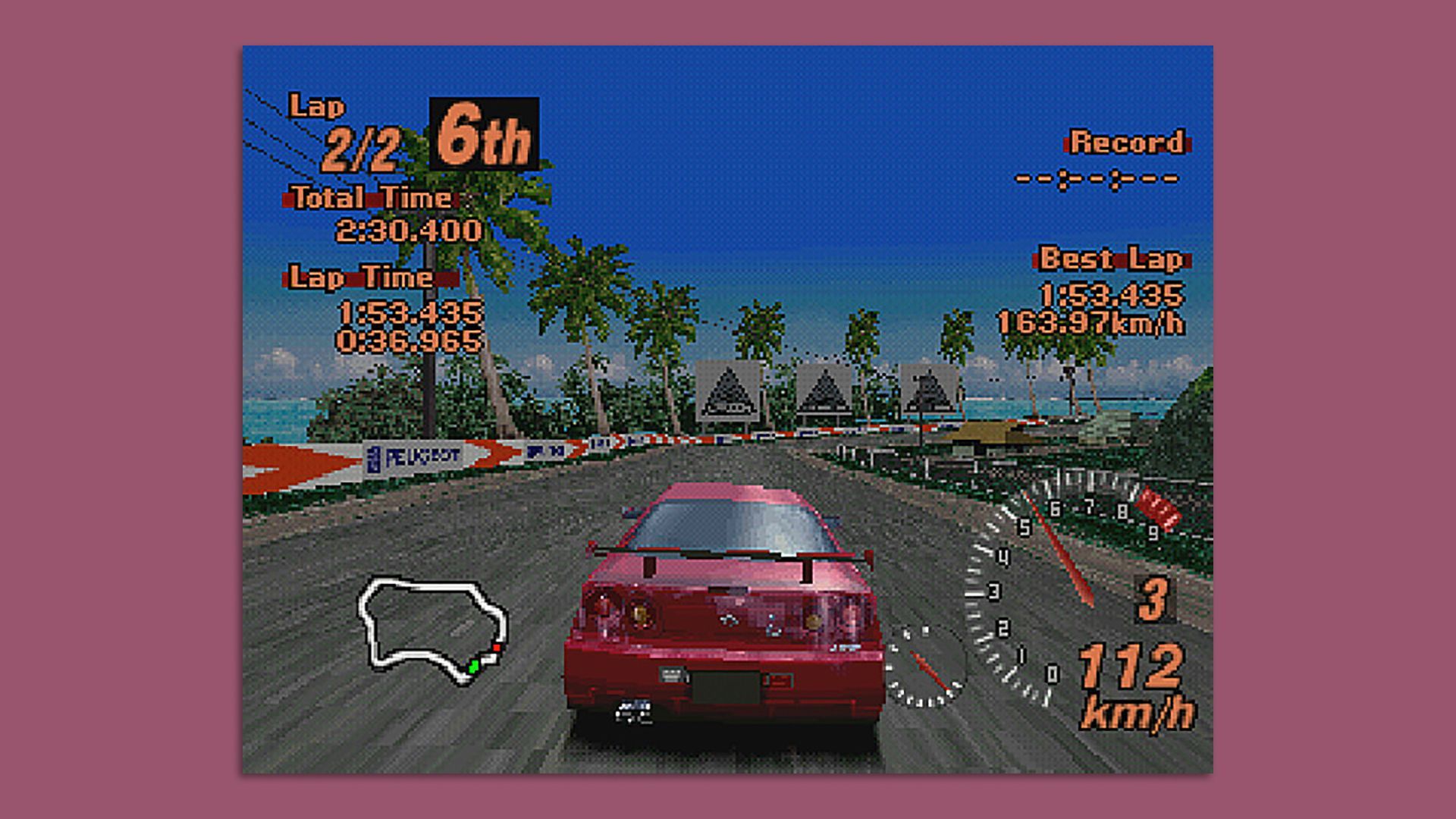Screenshot of a scene from a video game with a red car racing on a track and meters in graphics around it