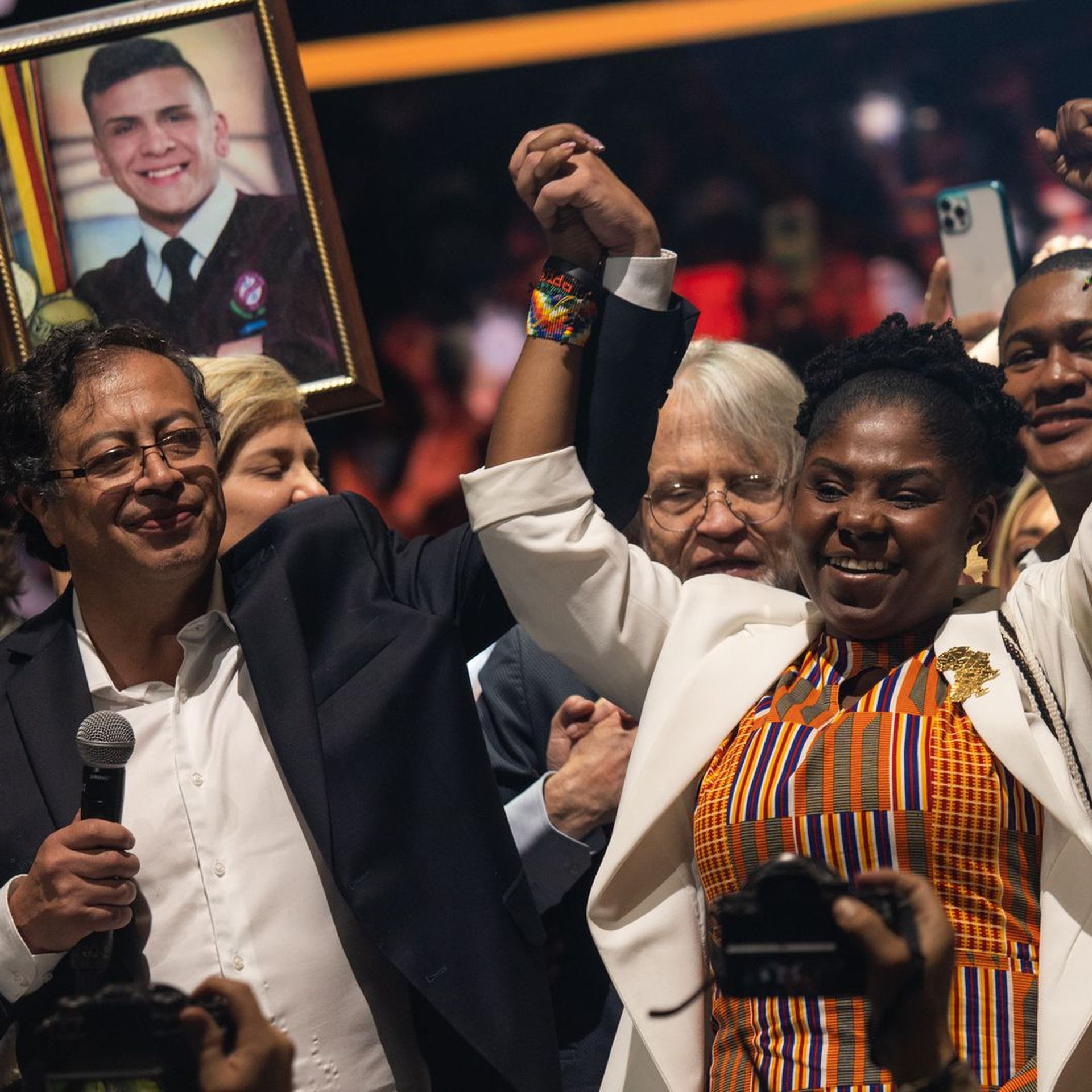 Gustavo Petro and Francia Márquez celebrate their victory in Colombia's presidential election on June 19. Photo: Andrés Cardona/Bloomberg via Getty Images