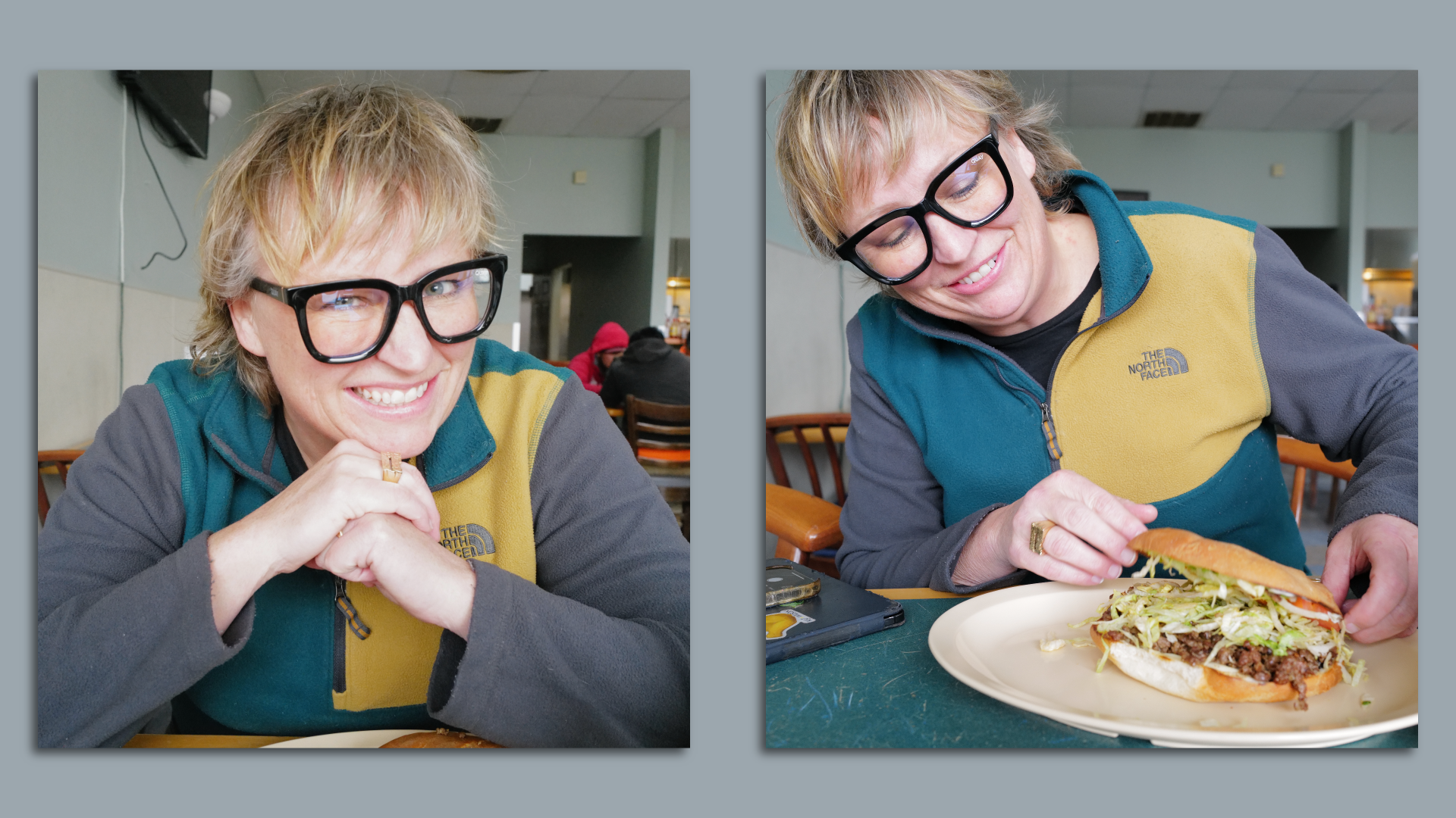 A composite photo of a woman sitting at a table: the first with her hands under her chin, smiling; the second looking at a plate of food and lifting the top bun to a torta. 
