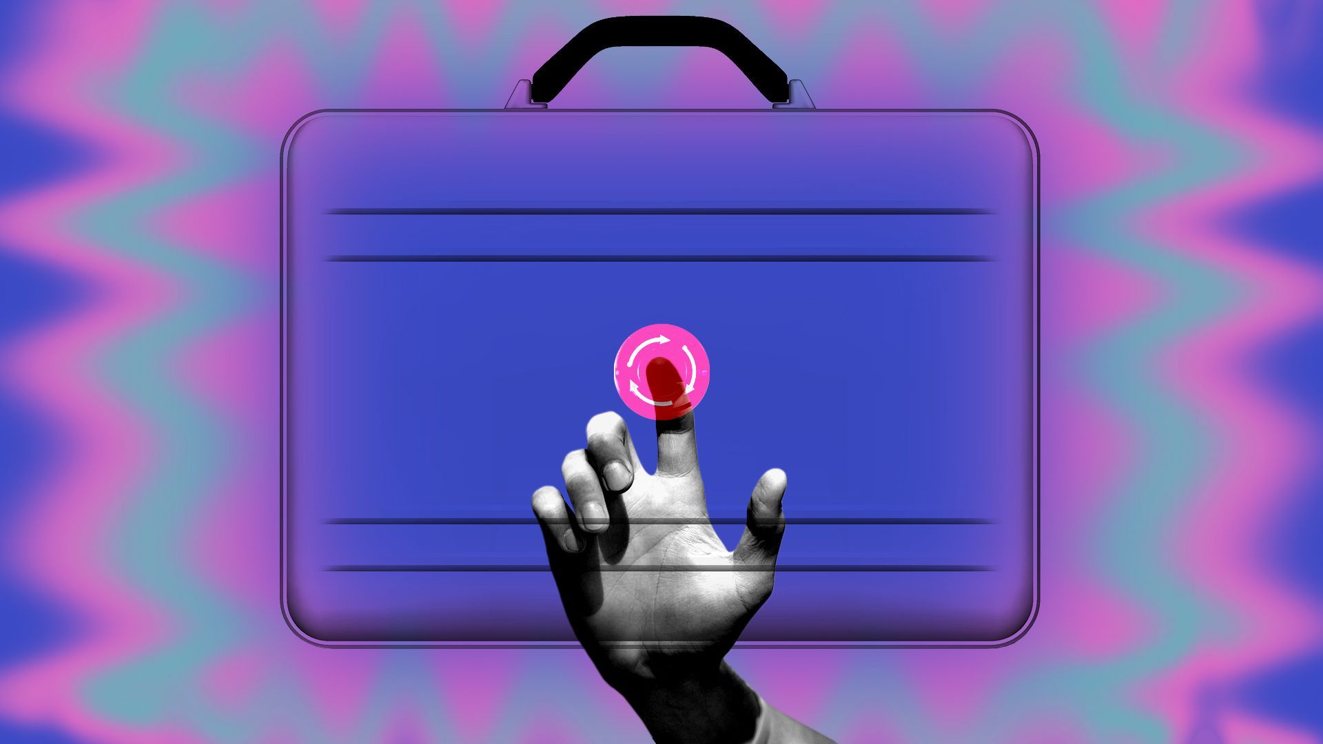 Illustration of a hand pressing a reset button on a briefcase