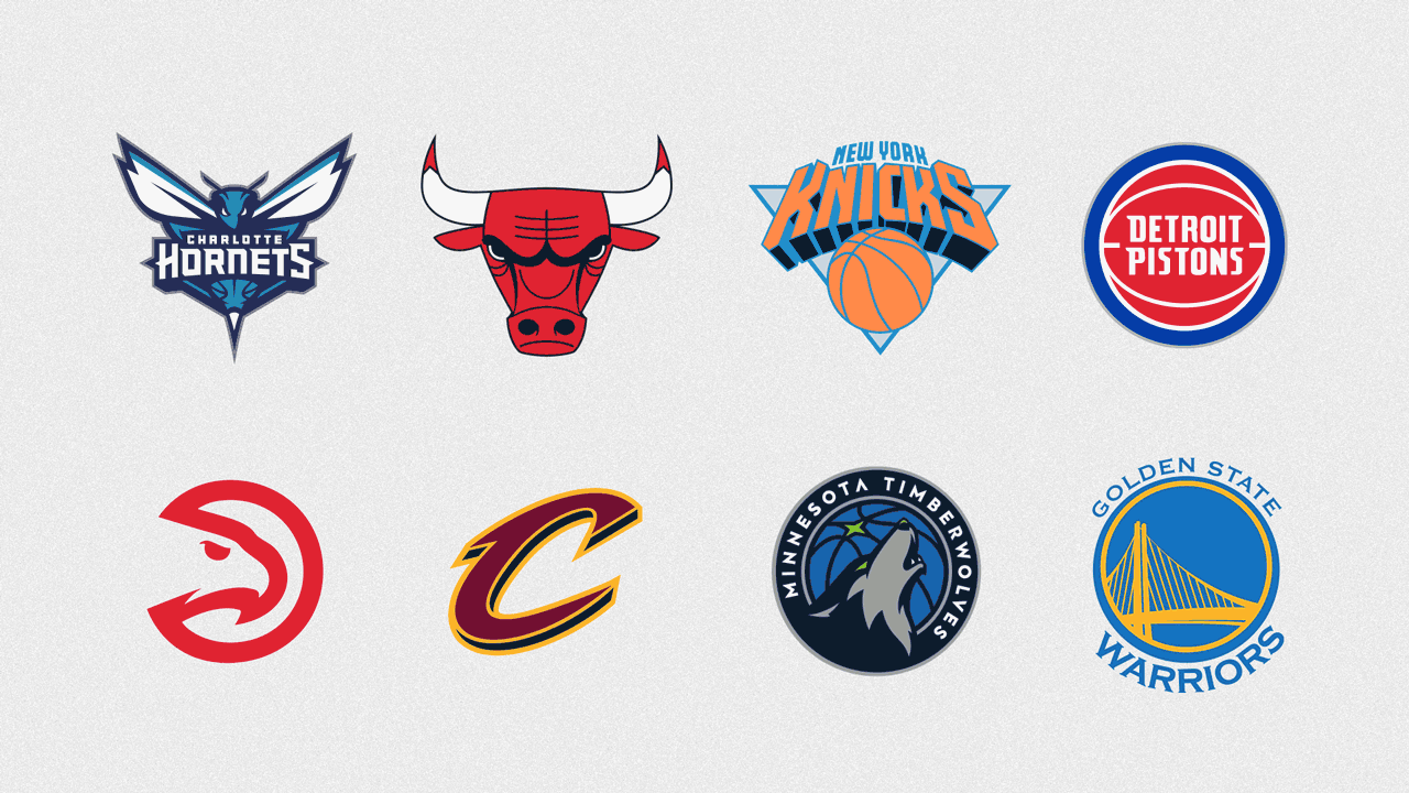 Illustration of NBA teams (Hornets, Bulls, Knicks, Pistons, Hawks, Cavaliers, Timberwolves, Warriors) logo's disappearing