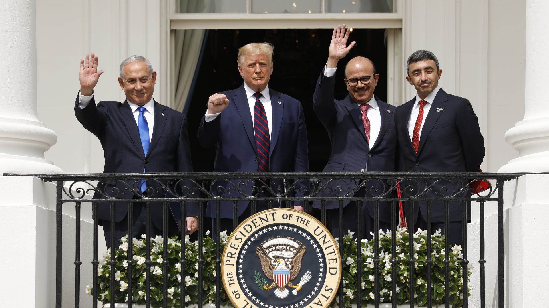 Benjamin Netanyahu, Israel's prime minister, from left, U.S. President Donald Trump, Abdullatif bin Rashid Al Zayani, Bahrain's foreign affairs minister, and Sheikh Abdullah bin Zayed bin Sultan Al Nahyan