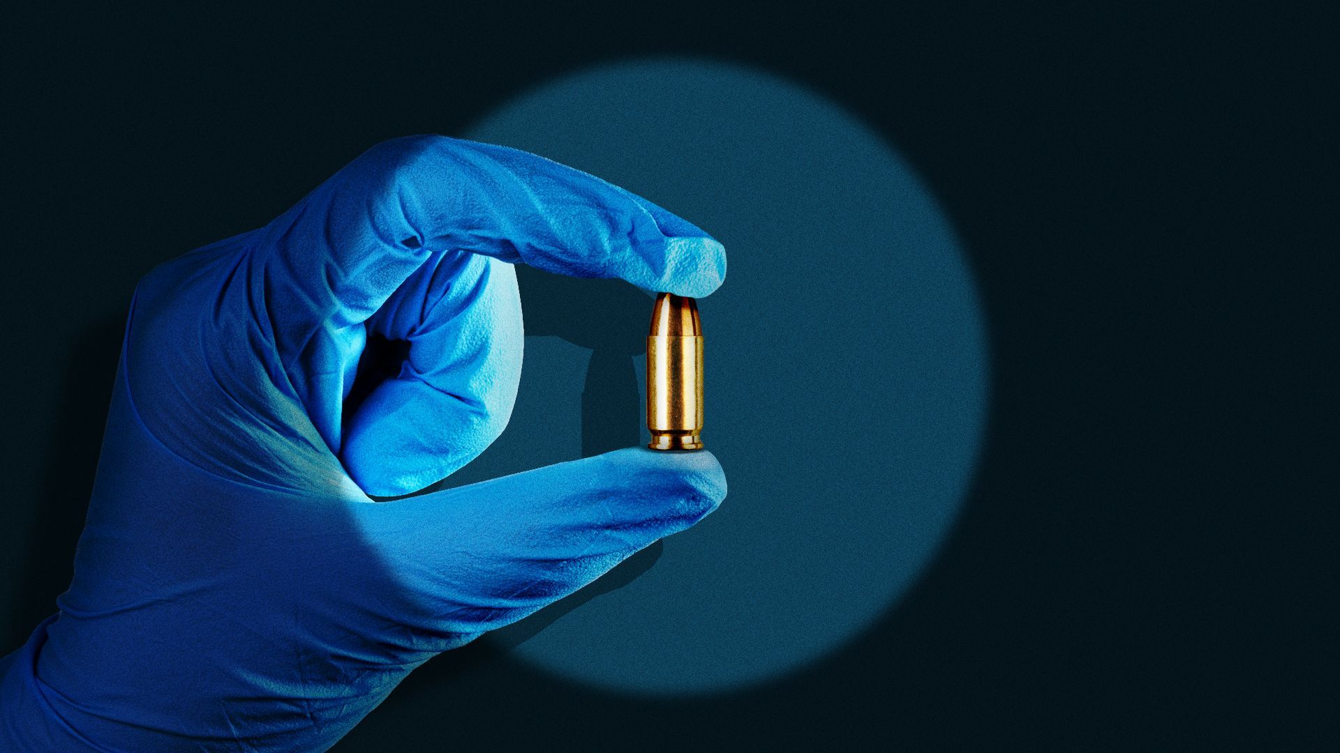 Illustration of a spotlight on a scientist's hand holding a bullet. 