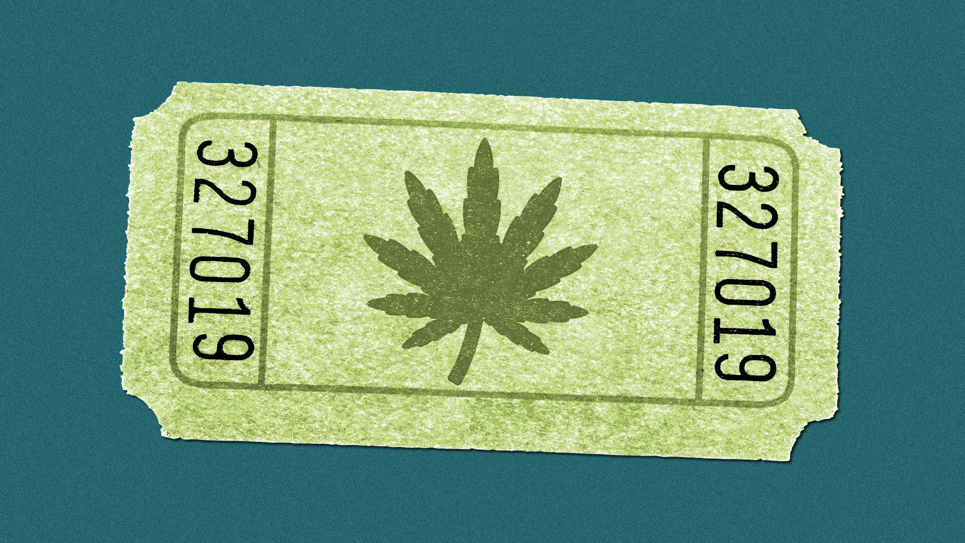 Illustration of a ticket with a marijuana leaf printed on it.